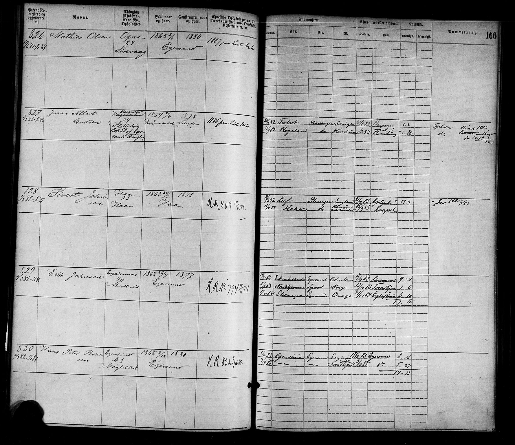 Egersund mønstringskrets, AV/SAK-2031-0019/F/Fa/L0001: Annotasjonsrulle nr 1-1440 med register, O-1, 1869-1895, p. 186