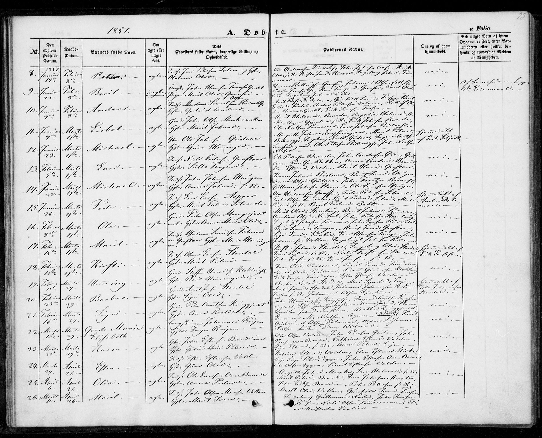 Ministerialprotokoller, klokkerbøker og fødselsregistre - Nord-Trøndelag, SAT/A-1458/706/L0040: Parish register (official) no. 706A01, 1850-1861, p. 23