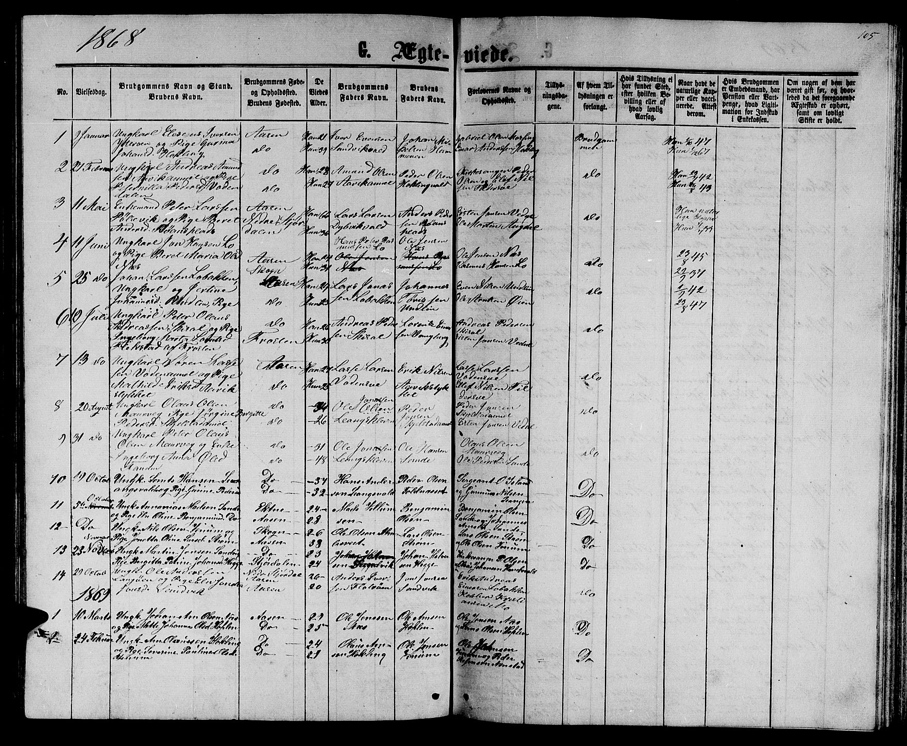 Ministerialprotokoller, klokkerbøker og fødselsregistre - Nord-Trøndelag, SAT/A-1458/714/L0133: Parish register (copy) no. 714C02, 1865-1877, p. 105