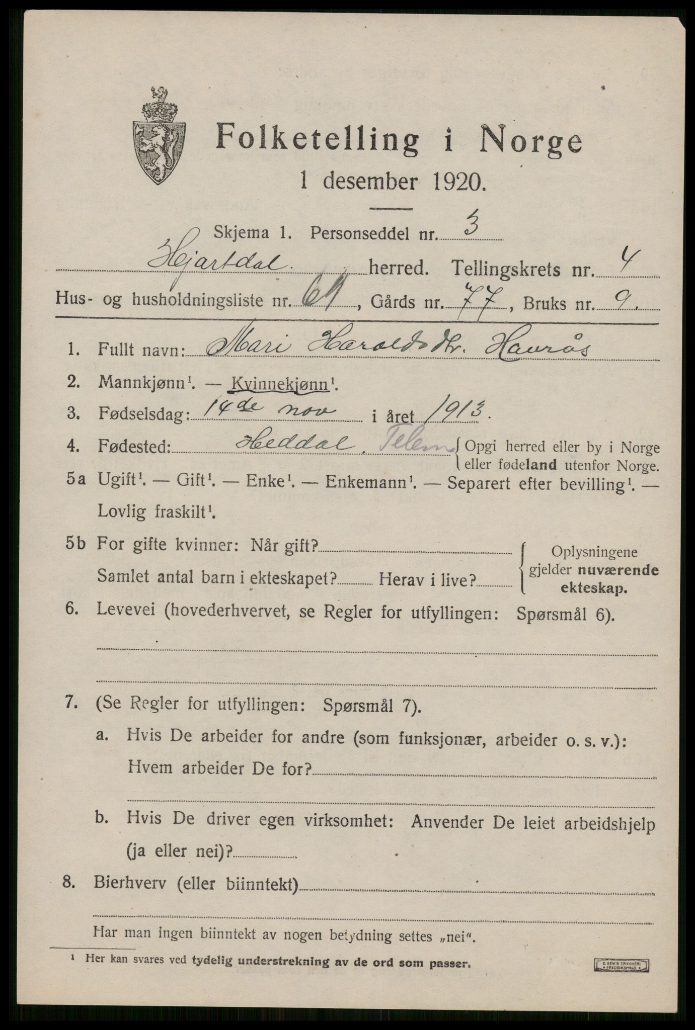 SAKO, 1920 census for Hjartdal, 1920, p. 3464