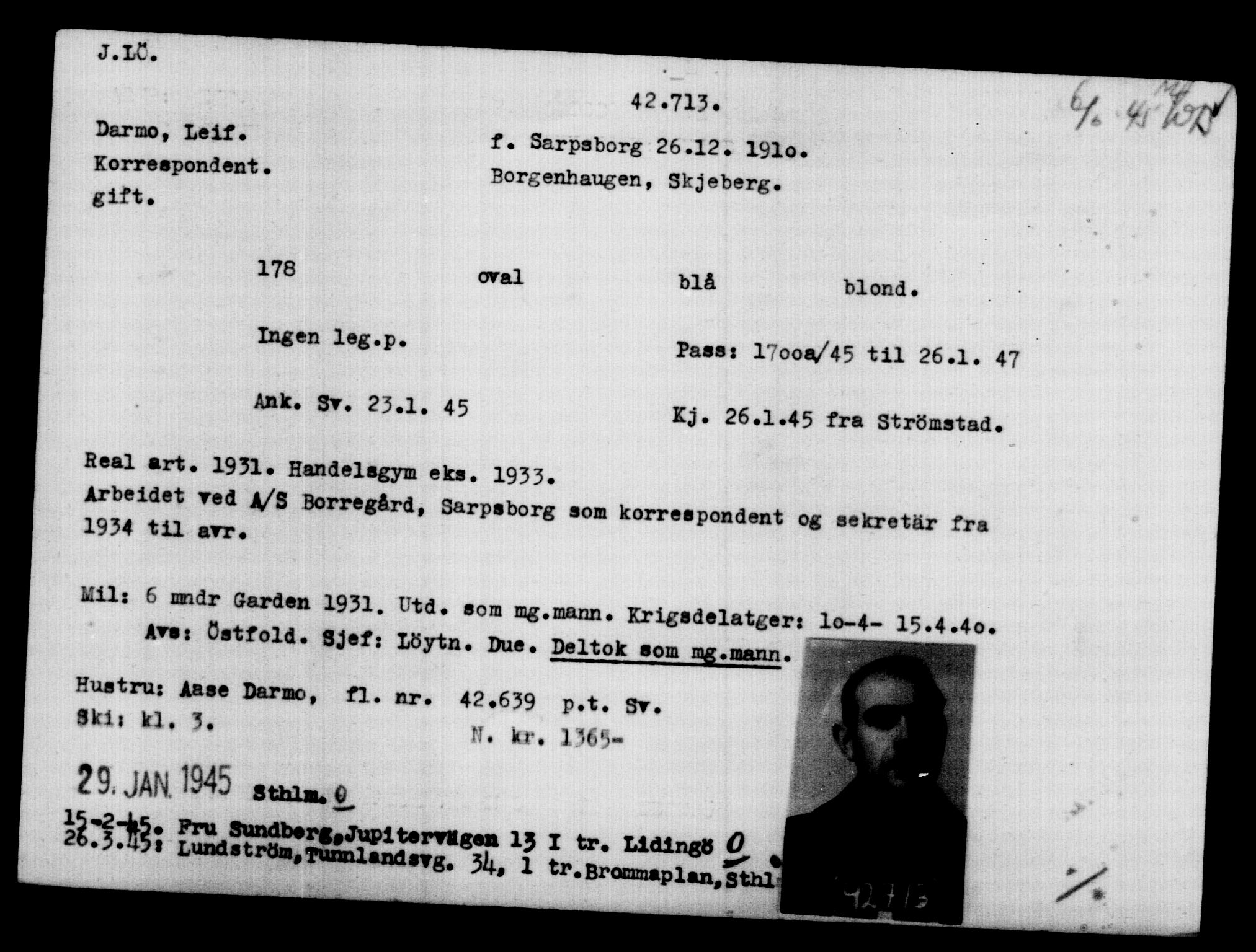 Utenriksstasjonene, Legasjonen i Stockholm, Flyktningkontoret, AV/RA-S-6753/V/Va/L0016: Kjesäterkartoteket, flyktninger med registreringsnr. 40700-43479, 1940-1945, p. 2087