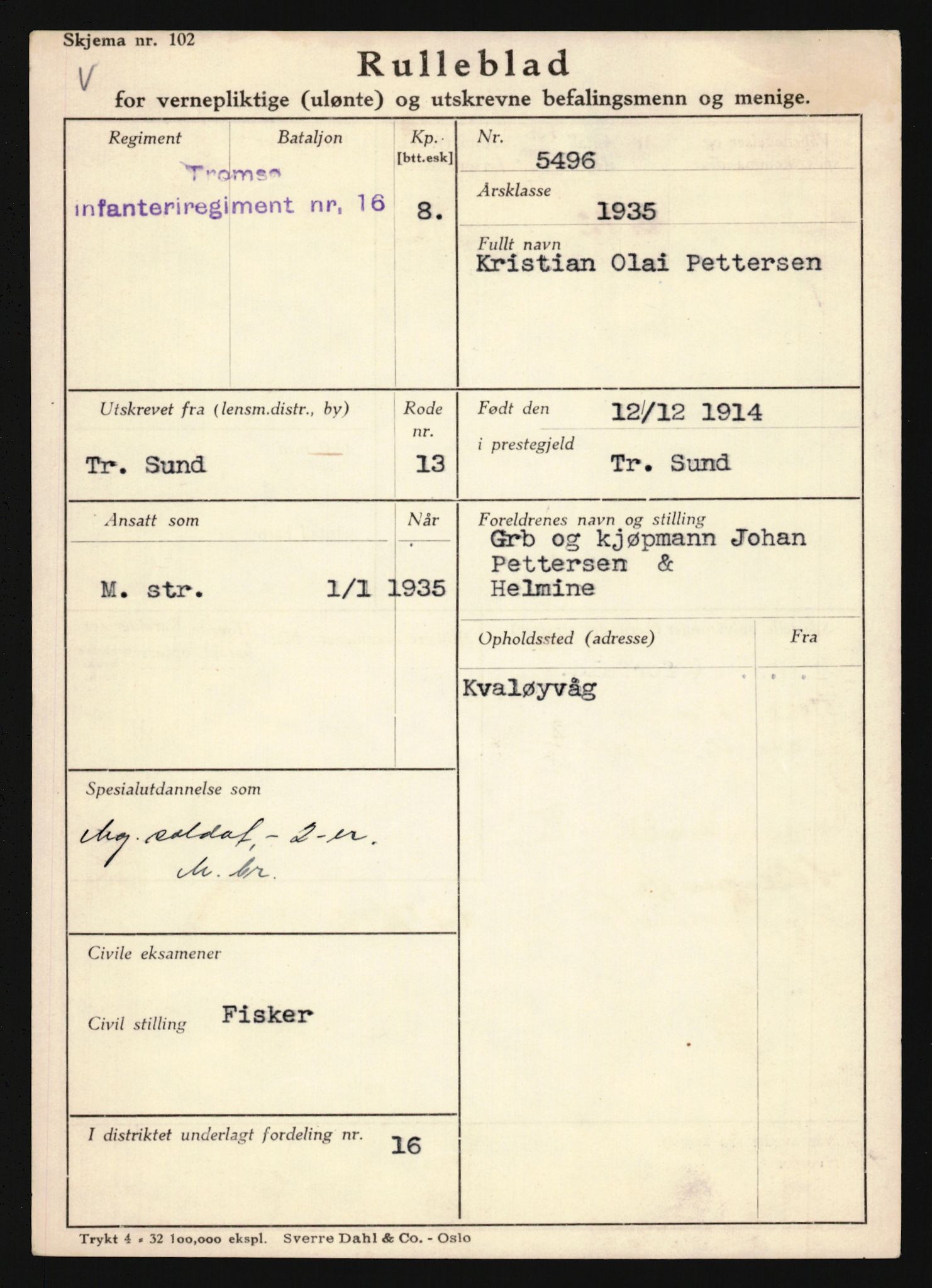 Forsvaret, Troms infanteriregiment nr. 16, AV/RA-RAFA-3146/P/Pa/L0019: Rulleblad for regimentets menige mannskaper, årsklasse 1935, 1935, p. 1037