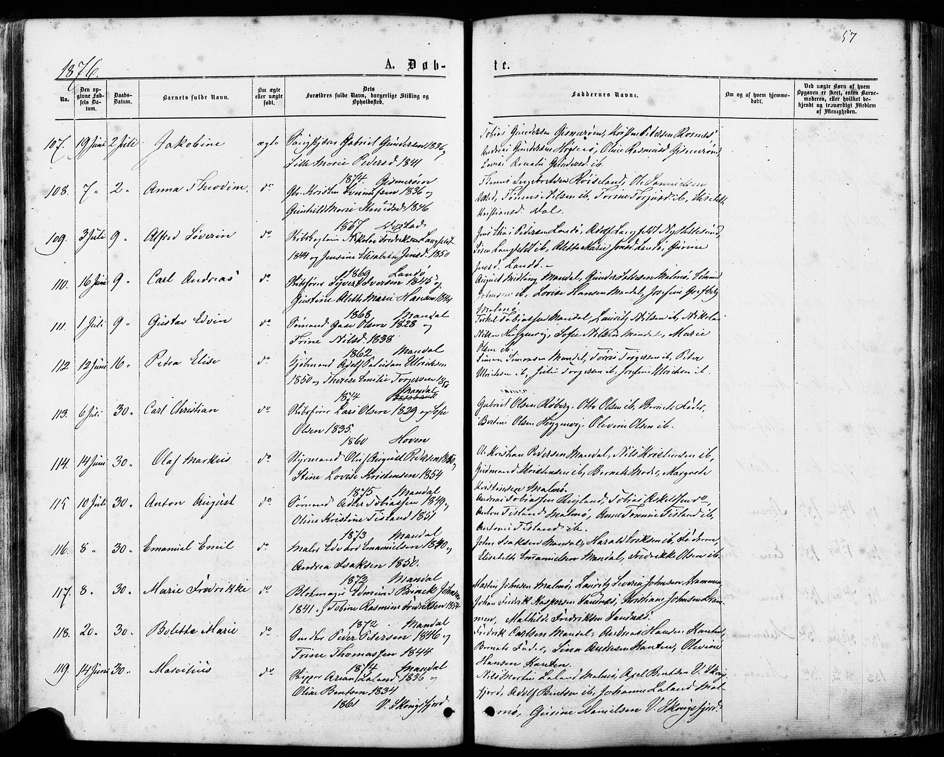 Mandal sokneprestkontor, SAK/1111-0030/F/Fa/Faa/L0015: Parish register (official) no. A 15, 1873-1879, p. 57