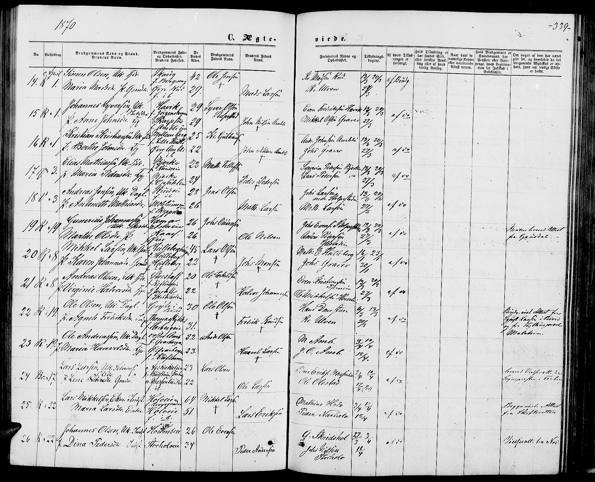 Ringsaker prestekontor, SAH/PREST-014/L/La/L0008: Parish register (copy) no. 8, 1870-1878, p. 339
