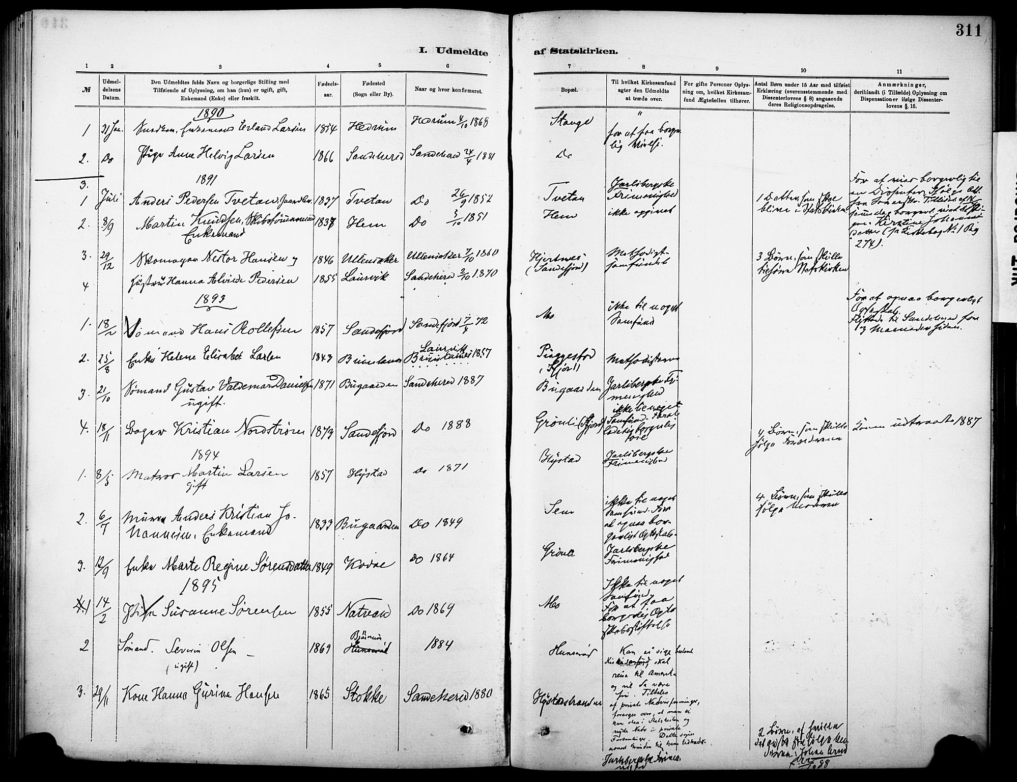 Sandar kirkebøker, AV/SAKO-A-243/F/Fa/L0013: Parish register (official) no. 13, 1883-1895, p. 311