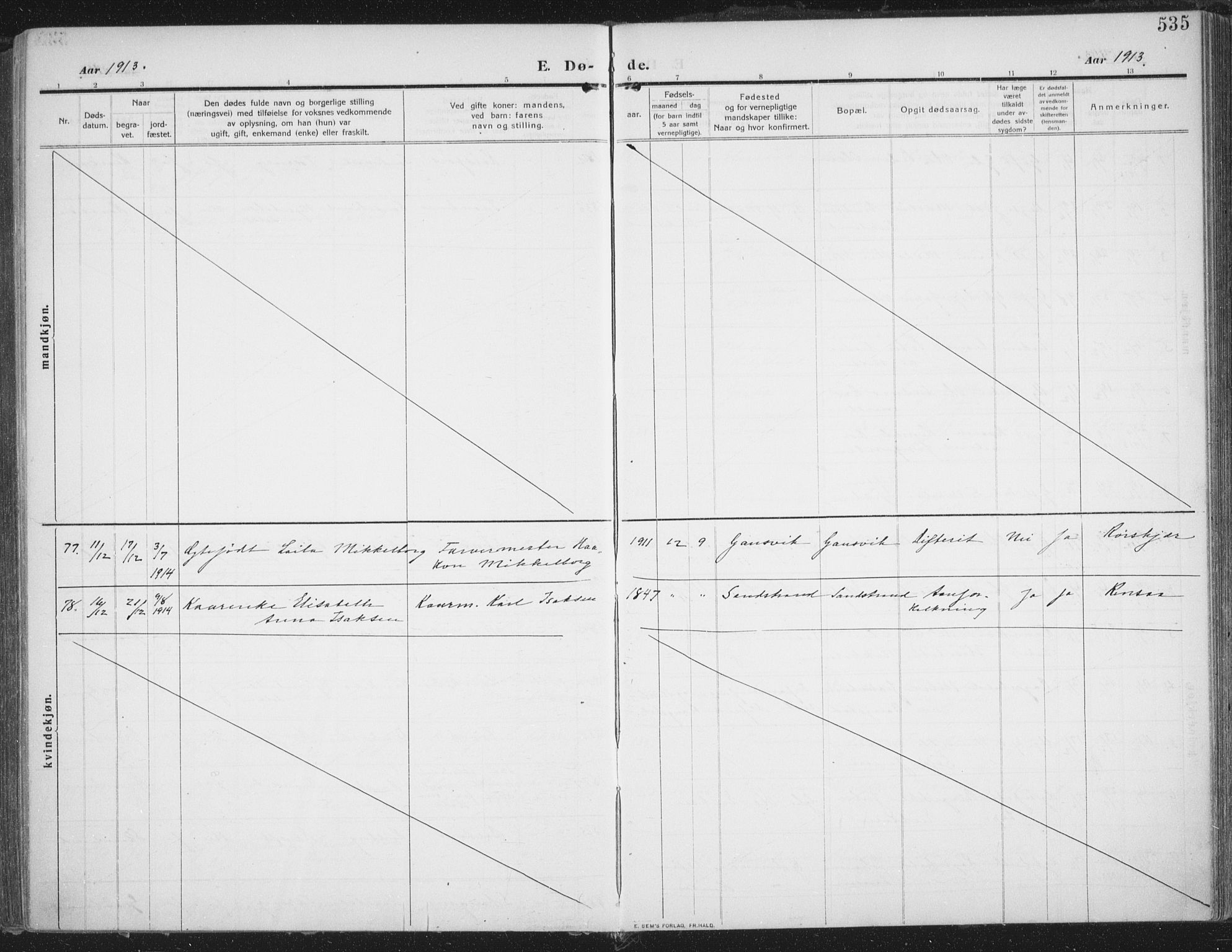 Trondenes sokneprestkontor, SATØ/S-1319/H/Ha/L0018kirke: Parish register (official) no. 18, 1909-1918, p. 535