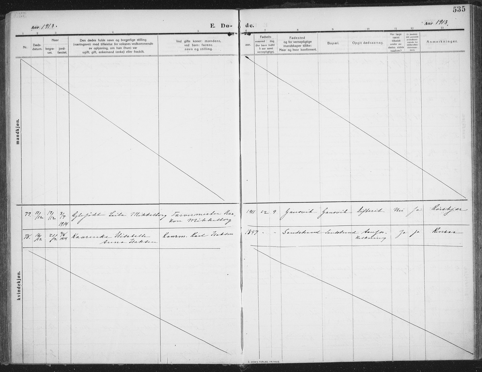 Trondenes sokneprestkontor, AV/SATØ-S-1319/H/Ha/L0018kirke: Parish register (official) no. 18, 1909-1918, p. 535