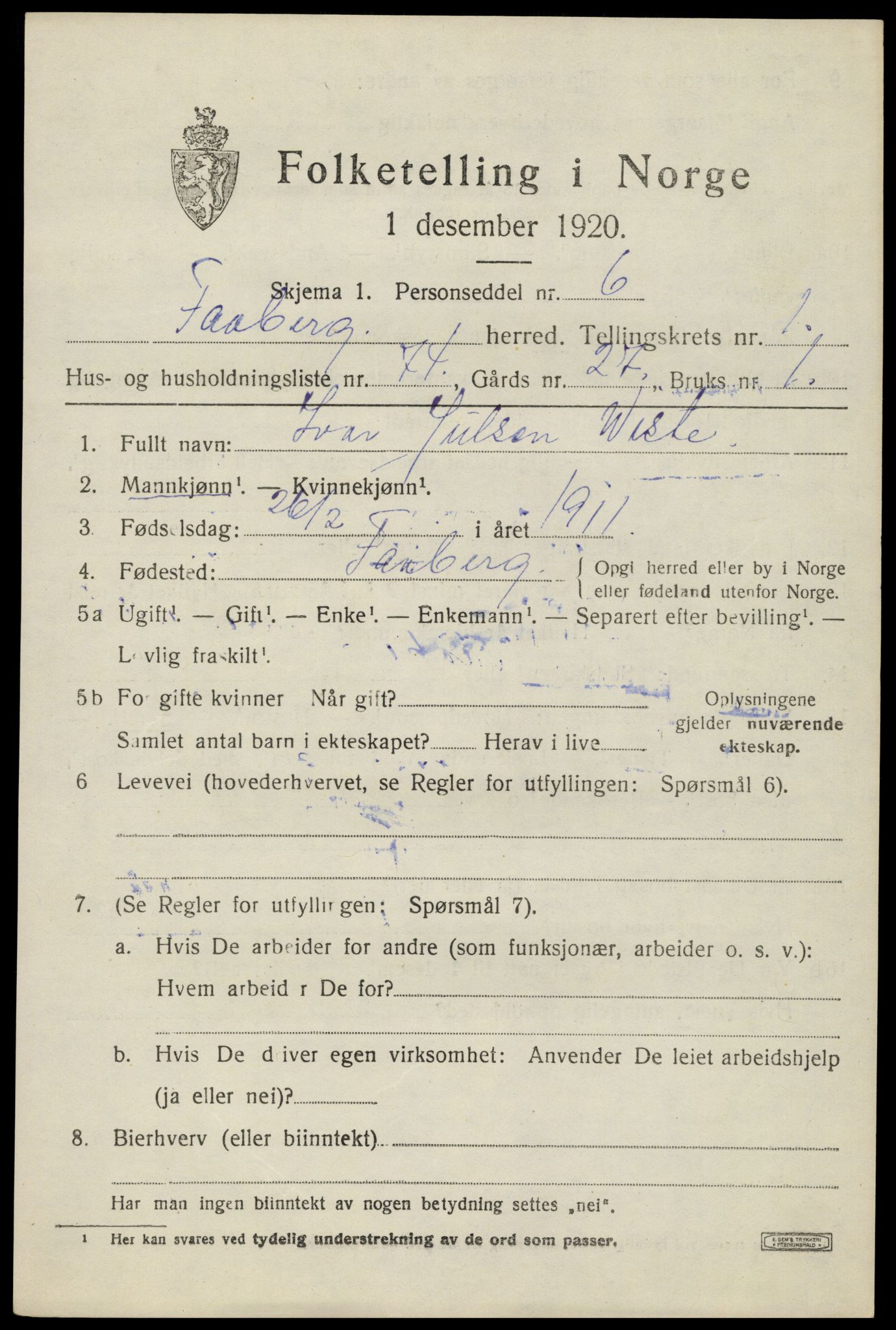 SAH, 1920 census for Fåberg, 1920, p. 3124