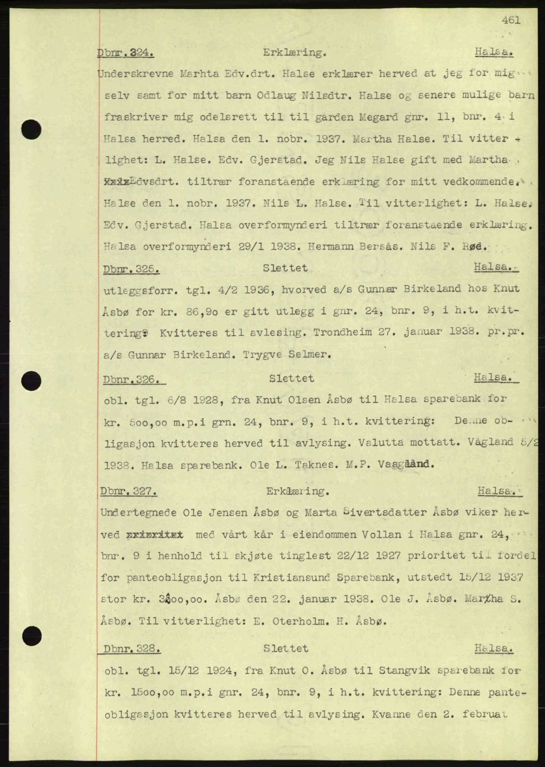 Nordmøre sorenskriveri, AV/SAT-A-4132/1/2/2Ca: Mortgage book no. C80, 1936-1939, Diary no: : 324/1938