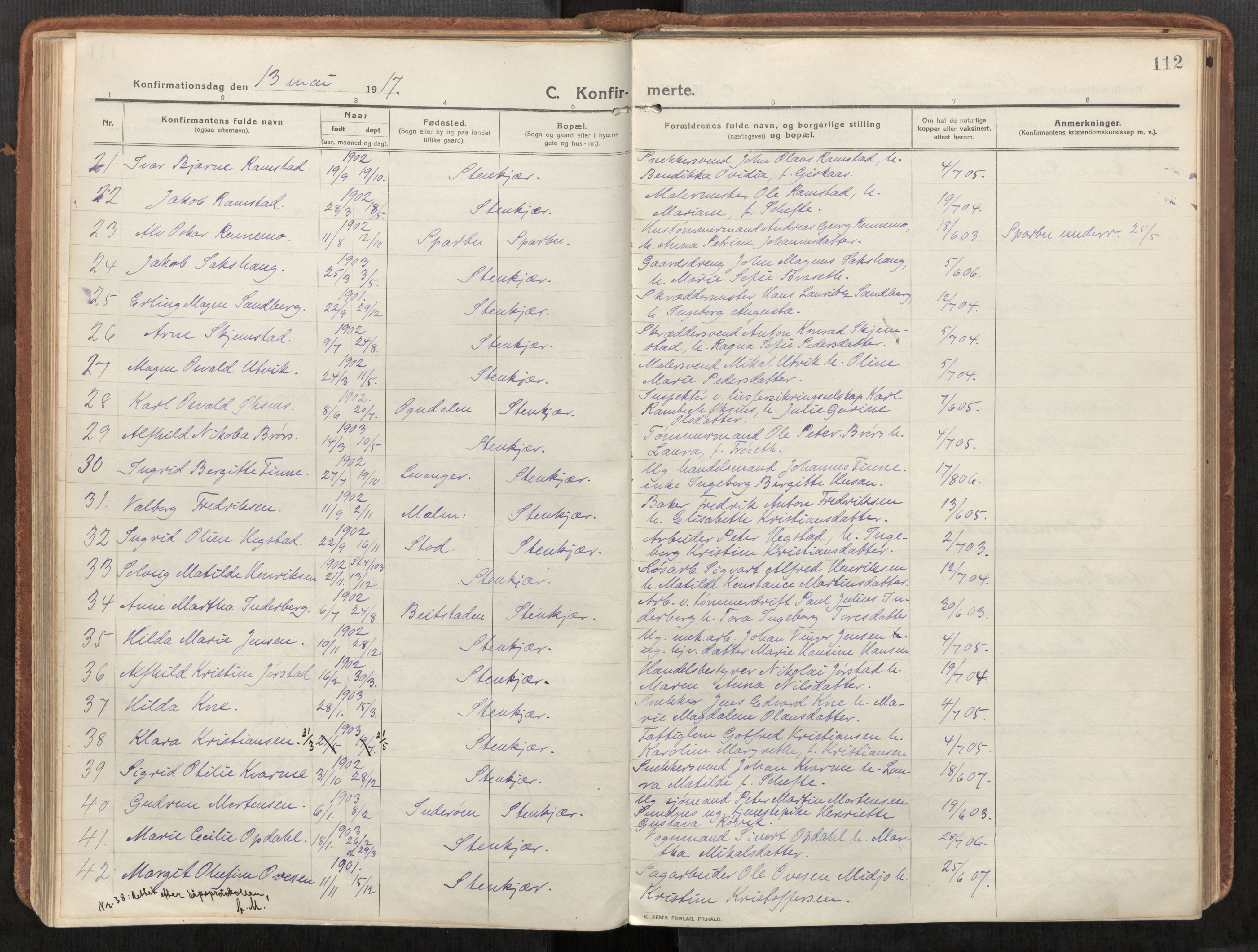 Steinkjer sokneprestkontor, AV/SAT-A-1541/01/H/Ha/Haa/L0003: Parish register (official) no. 3, 1913-1922, p. 112