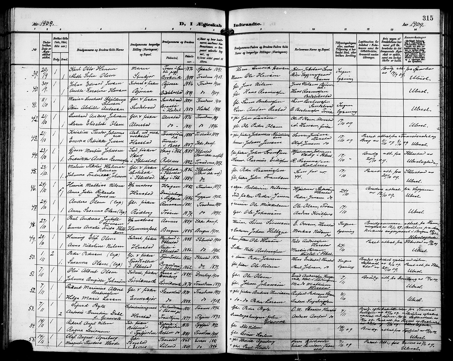 Trondenes sokneprestkontor, AV/SATØ-S-1319/H/Hb/L0012klokker: Parish register (copy) no. 12, 1907-1916, p. 315