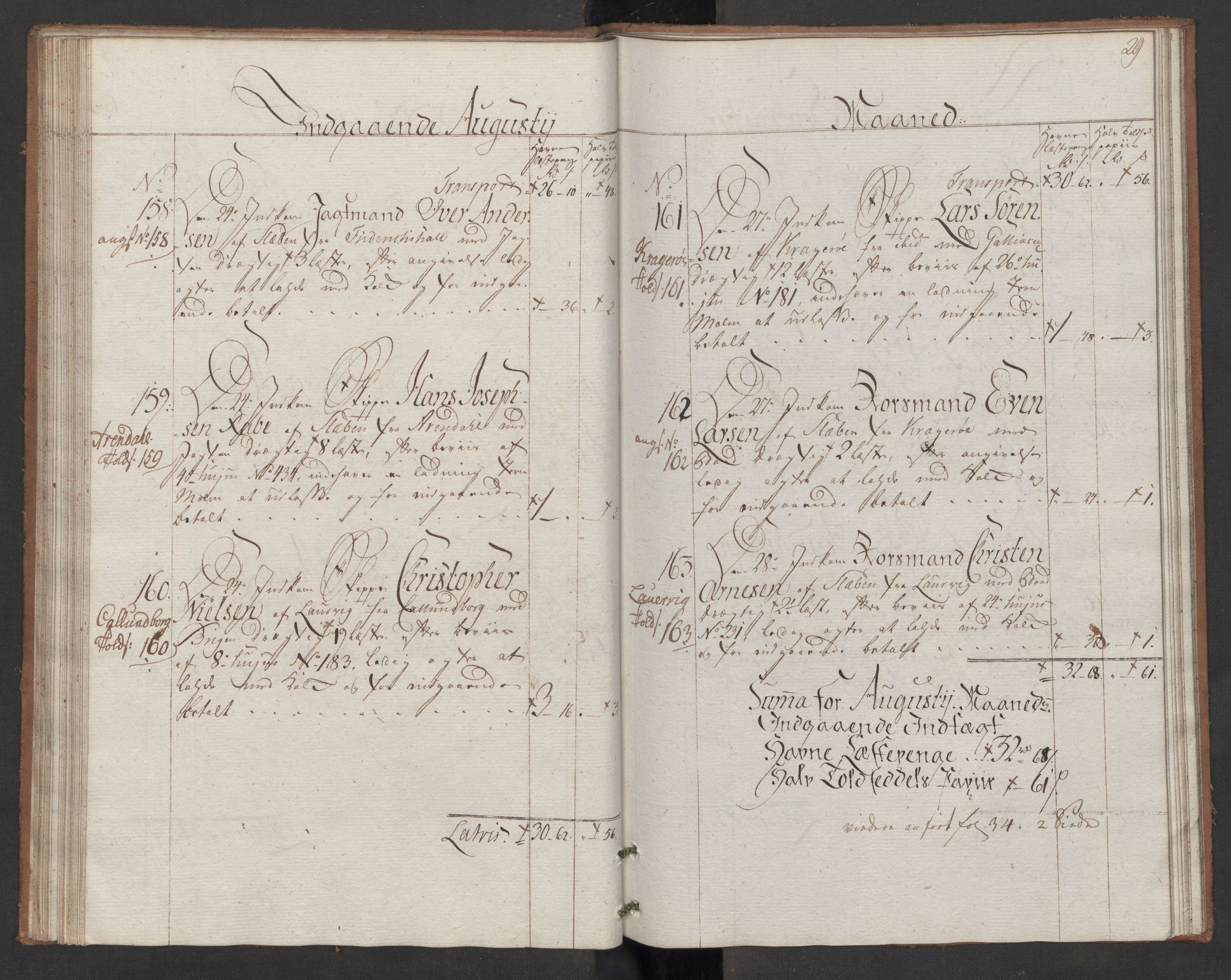 Generaltollkammeret, tollregnskaper, AV/RA-EA-5490/R06/L0165/0002: Tollregnskaper Kristiania / Inngående hovedtollbok Slependen, 1786, p. 28b-29a