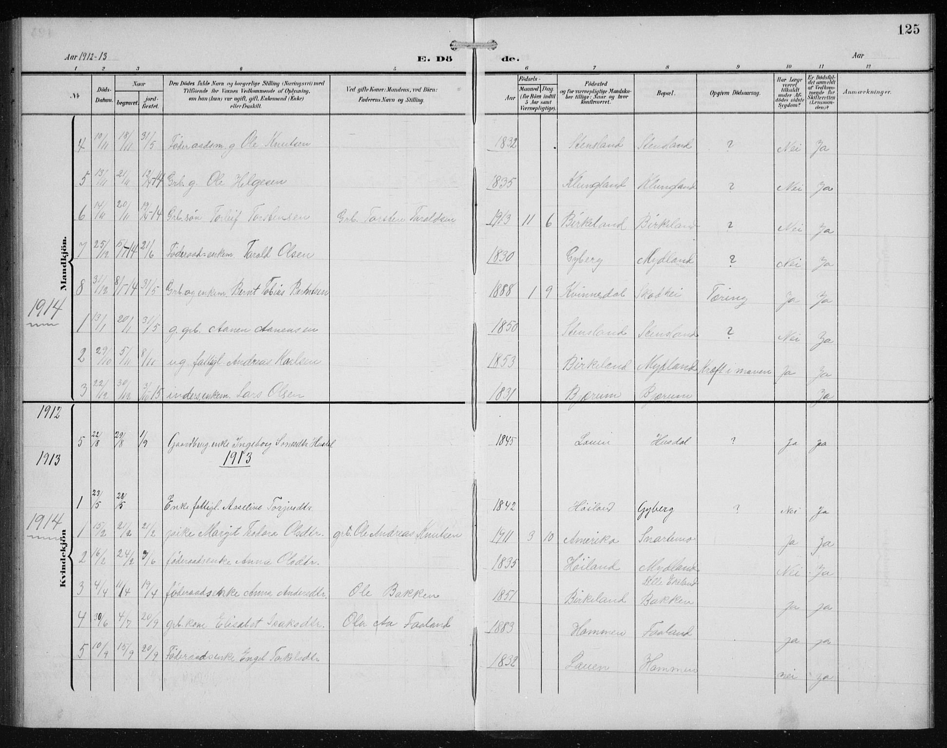 Hægebostad sokneprestkontor, SAK/1111-0024/F/Fb/Fba/L0005: Parish register (copy) no. B 5, 1907-1931, p. 125