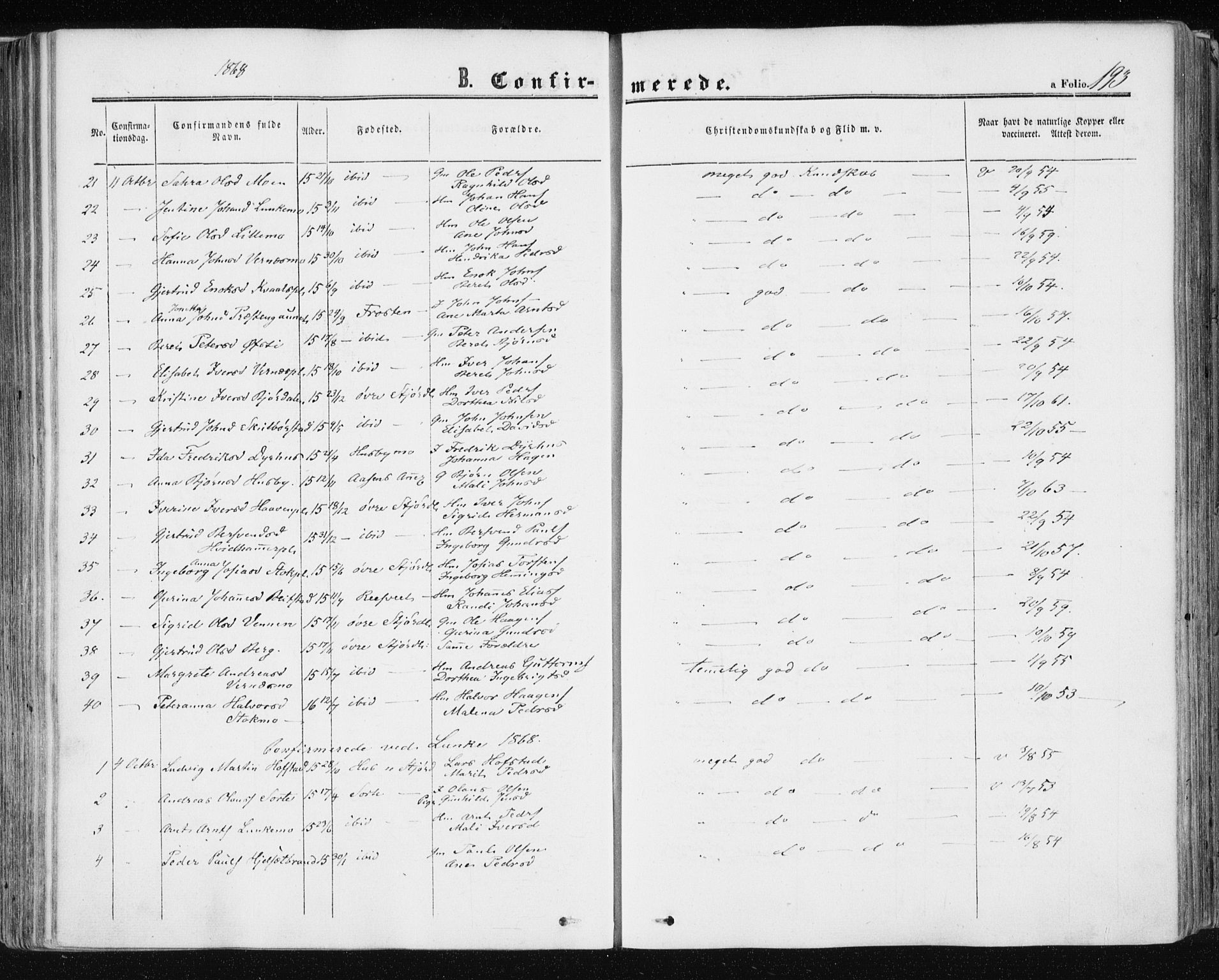 Ministerialprotokoller, klokkerbøker og fødselsregistre - Nord-Trøndelag, SAT/A-1458/709/L0075: Parish register (official) no. 709A15, 1859-1870, p. 193