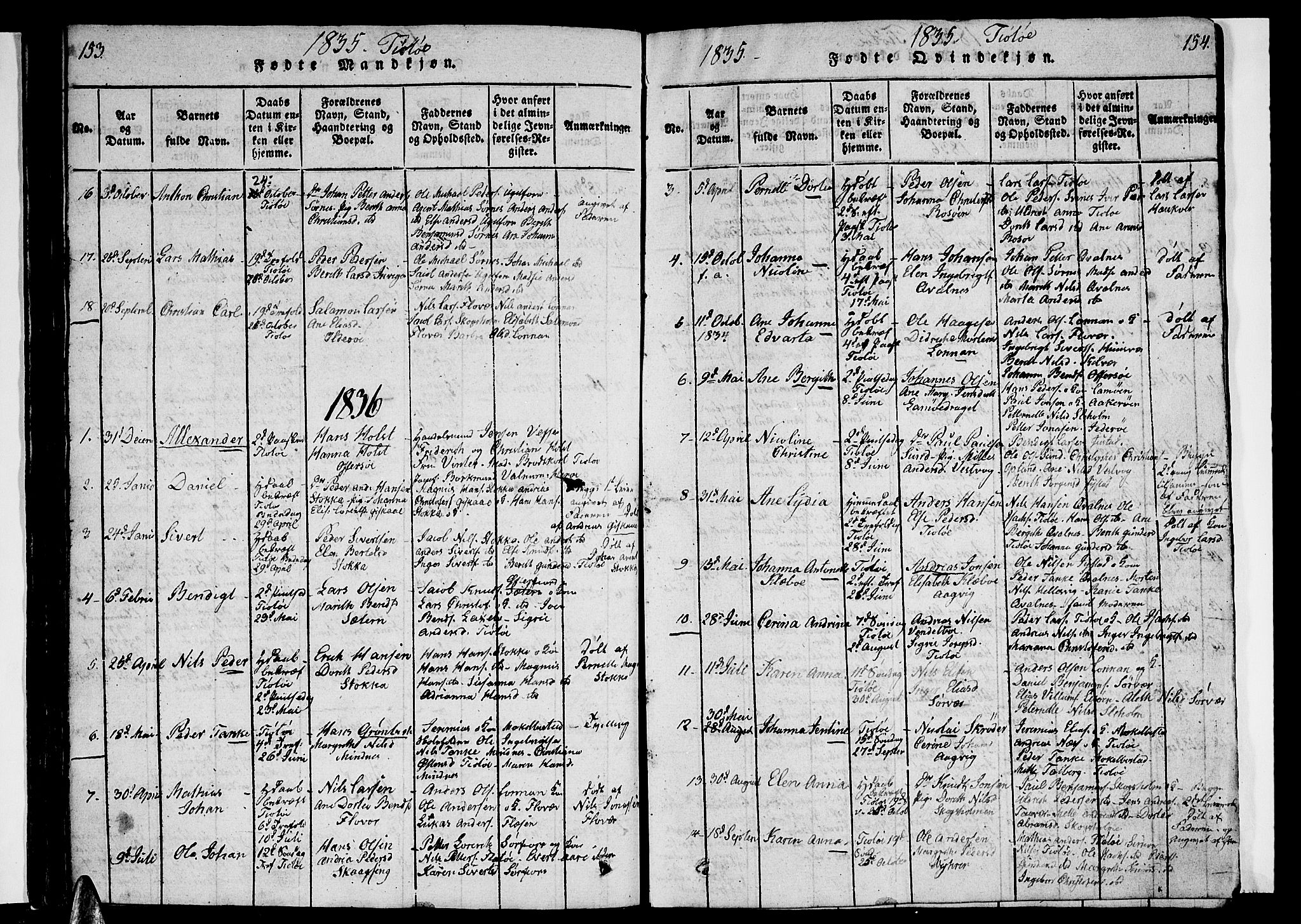 Ministerialprotokoller, klokkerbøker og fødselsregistre - Nordland, AV/SAT-A-1459/830/L0458: Parish register (copy) no. 830C01 /2, 1829-1840, p. 153-154