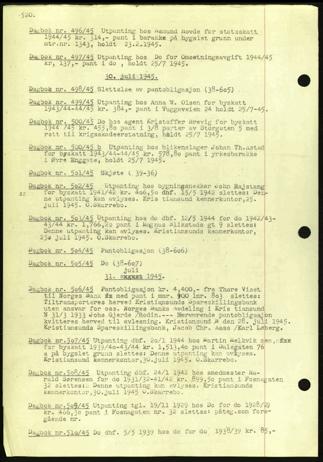 Kristiansund byfogd, AV/SAT-A-4587/A/27: Mortgage book no. 32a, 1938-1946, Diary no: : 498/1945