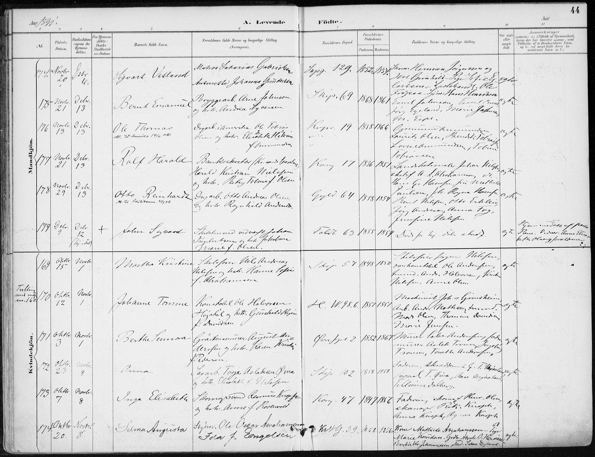 Kristiansand domprosti, AV/SAK-1112-0006/F/Fa/L0019: Parish register (official) no. A 18, 1890-1897, p. 44