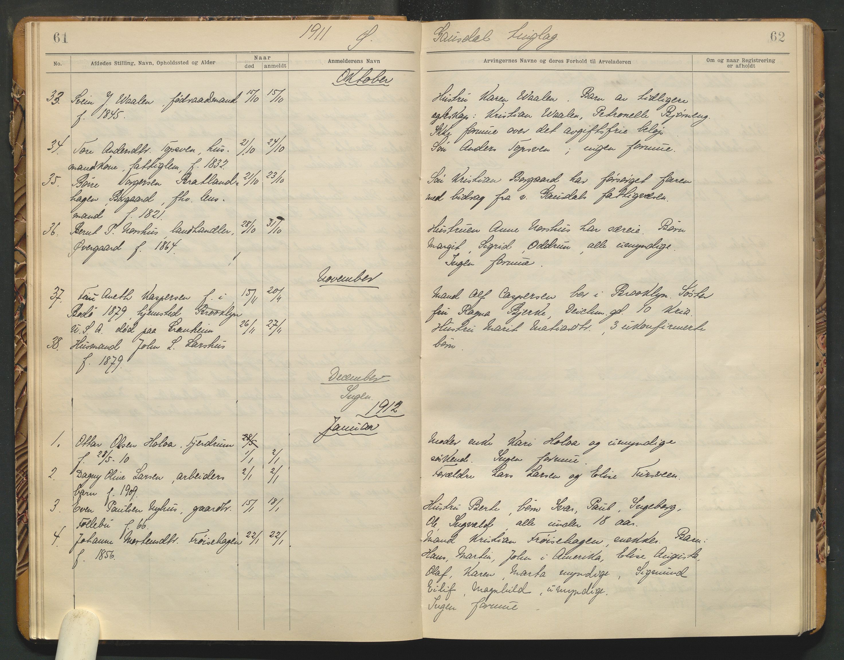 Sør-Gudbrandsdal tingrett, AV/SAH-TING-004/J/Jd/Jda/L0004: Dødsfallsprotokoll  - landet, 1906-1914, p. 61-62