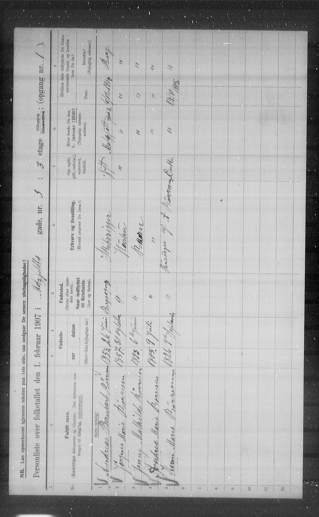 OBA, Municipal Census 1907 for Kristiania, 1907, p. 33654