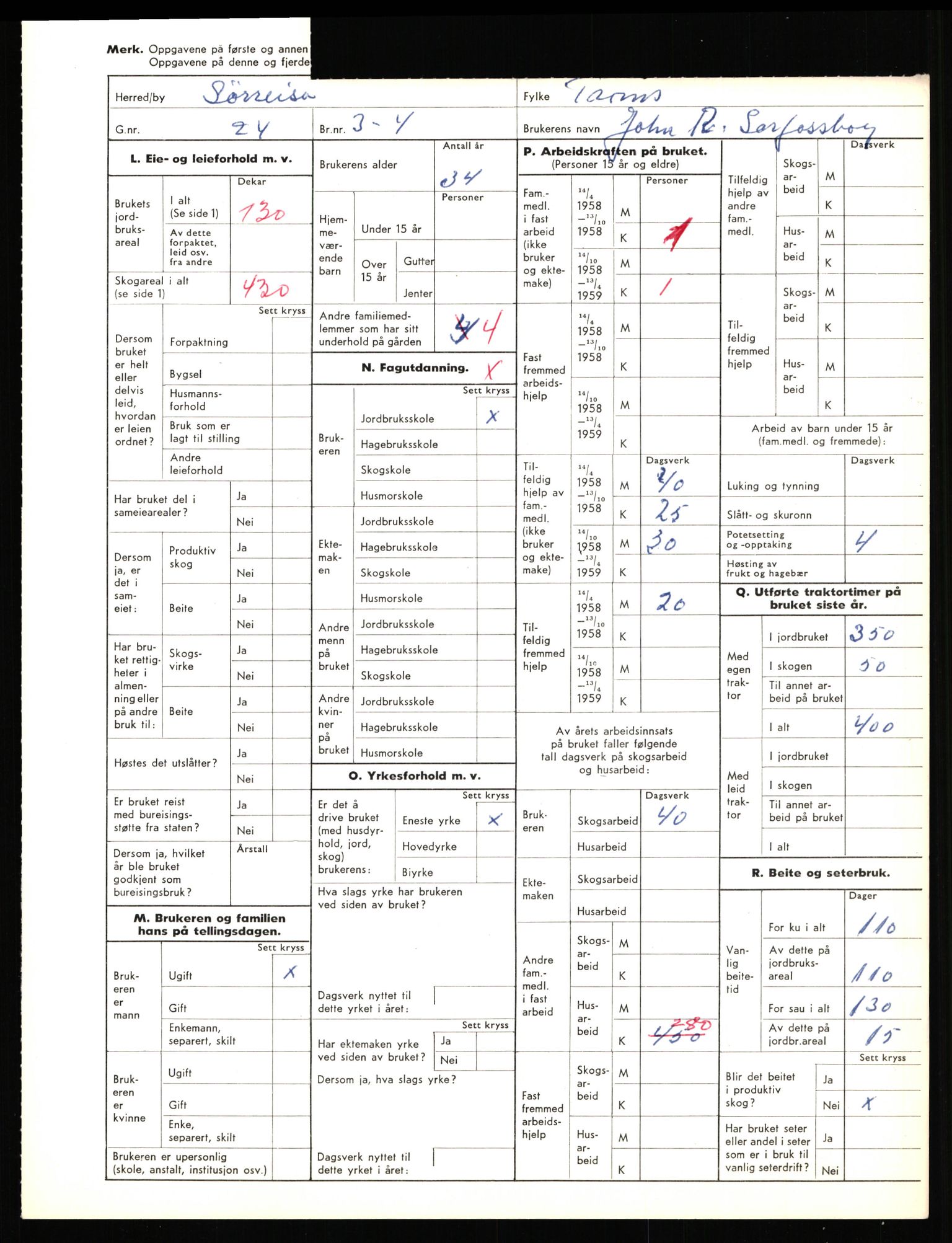 Statistisk sentralbyrå, Næringsøkonomiske emner, Jordbruk, skogbruk, jakt, fiske og fangst, AV/RA-S-2234/G/Gd/L0656: Troms: 1924 Målselv (kl. 0-3) og 1925 Sørreisa, 1959, p. 2133