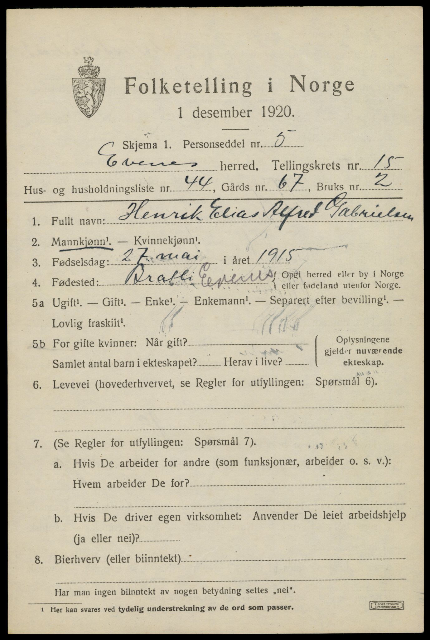 SAT, 1920 census for Evenes, 1920, p. 13178