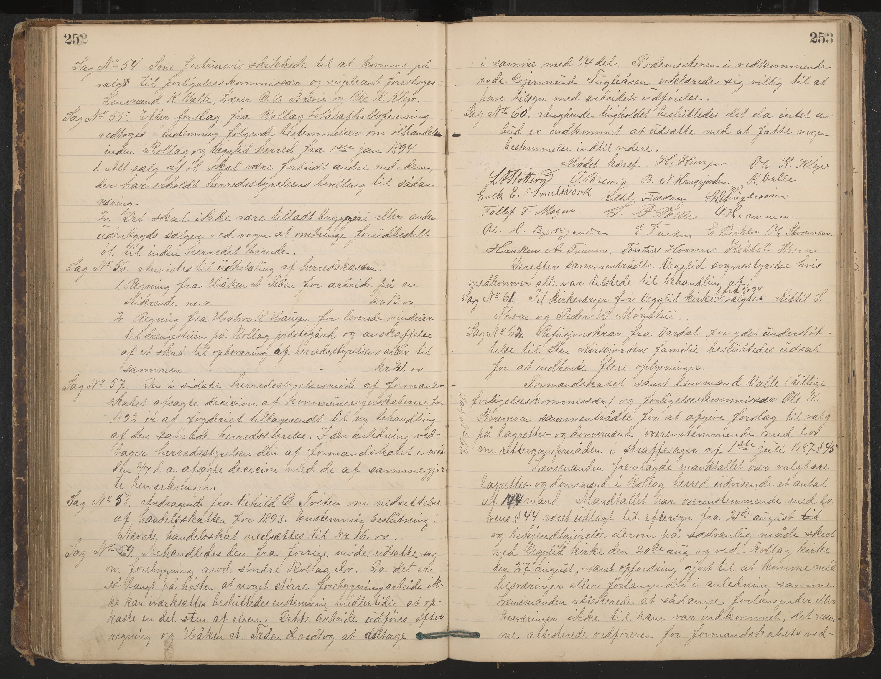 Rollag formannskap og sentraladministrasjon, IKAK/0632021-2/A/Aa/L0003: Møtebok, 1884-1897, p. 252-253