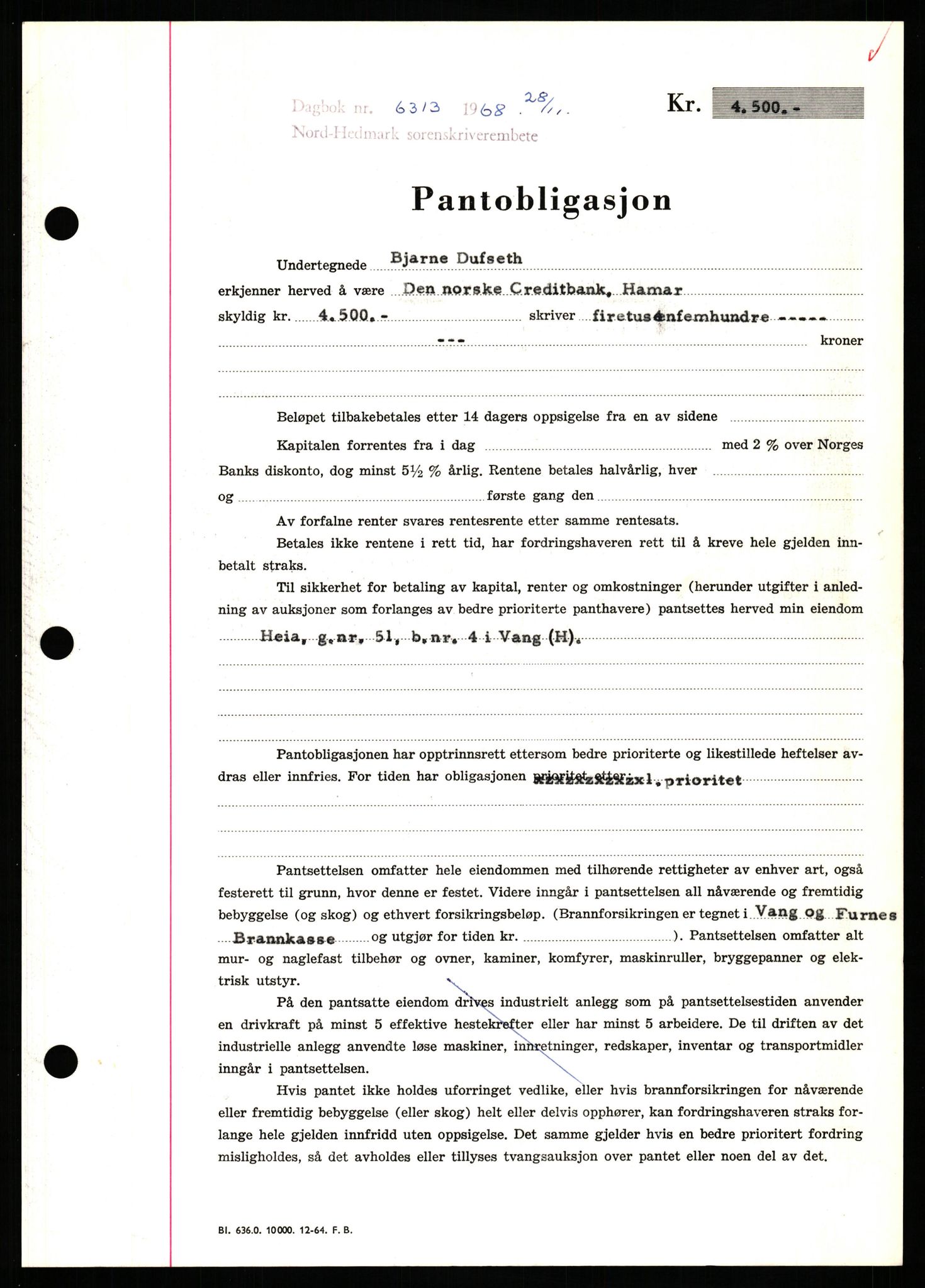 Nord-Hedmark sorenskriveri, SAH/TING-012/H/Hb/Hbf/L0077: Mortgage book no. B77, 1968-1969, Diary no: : 6313/1968