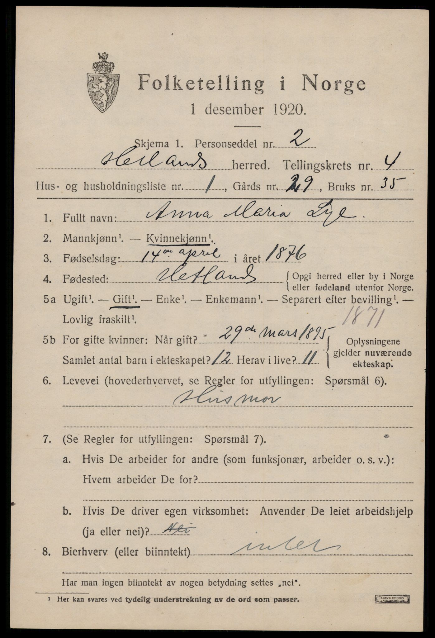 SAST, 1920 census for Hetland, 1920, p. 6261