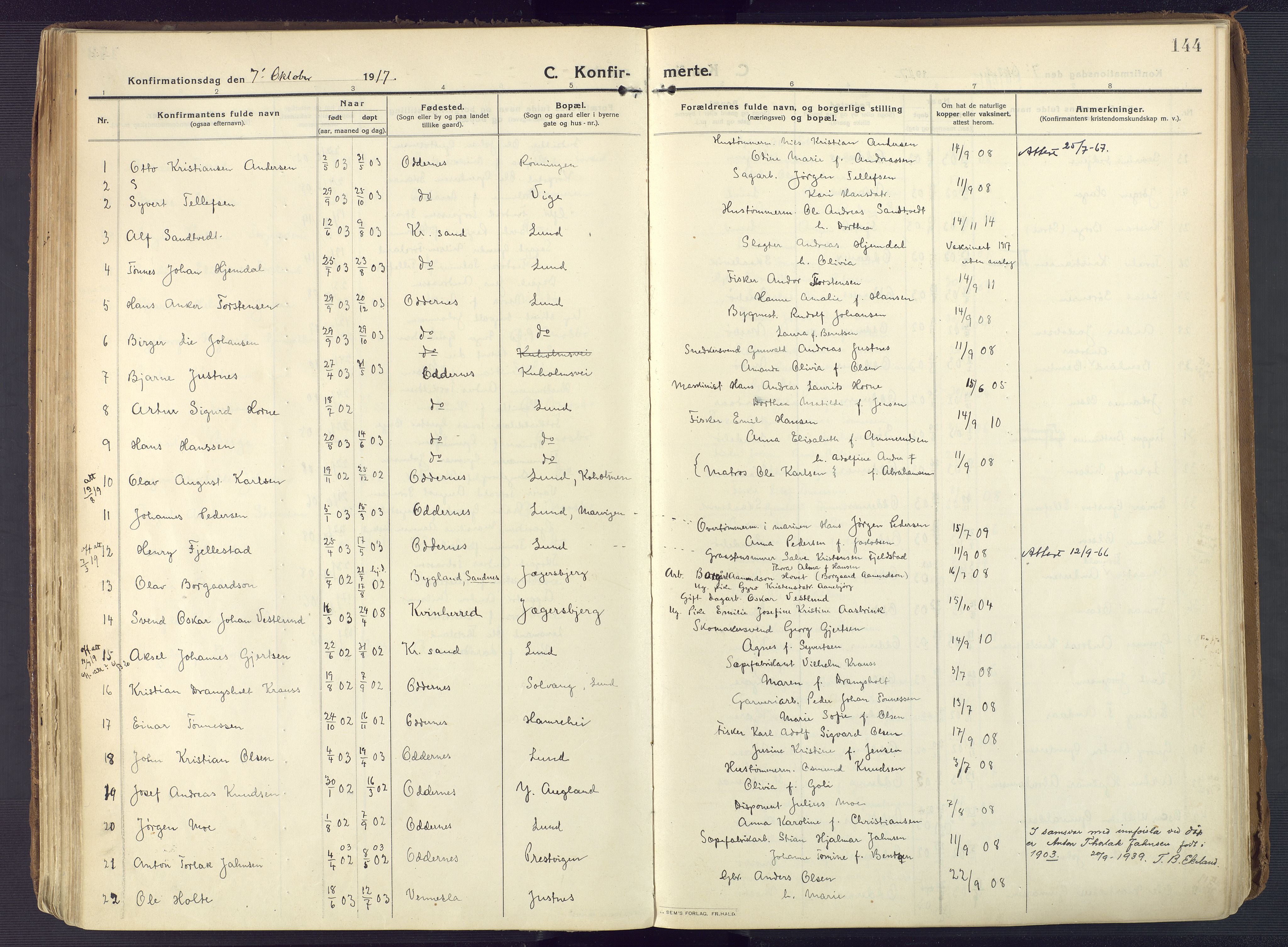 Oddernes sokneprestkontor, AV/SAK-1111-0033/F/Fa/Faa/L0012: Parish register (official) no. A 12, 1912-1925, p. 144