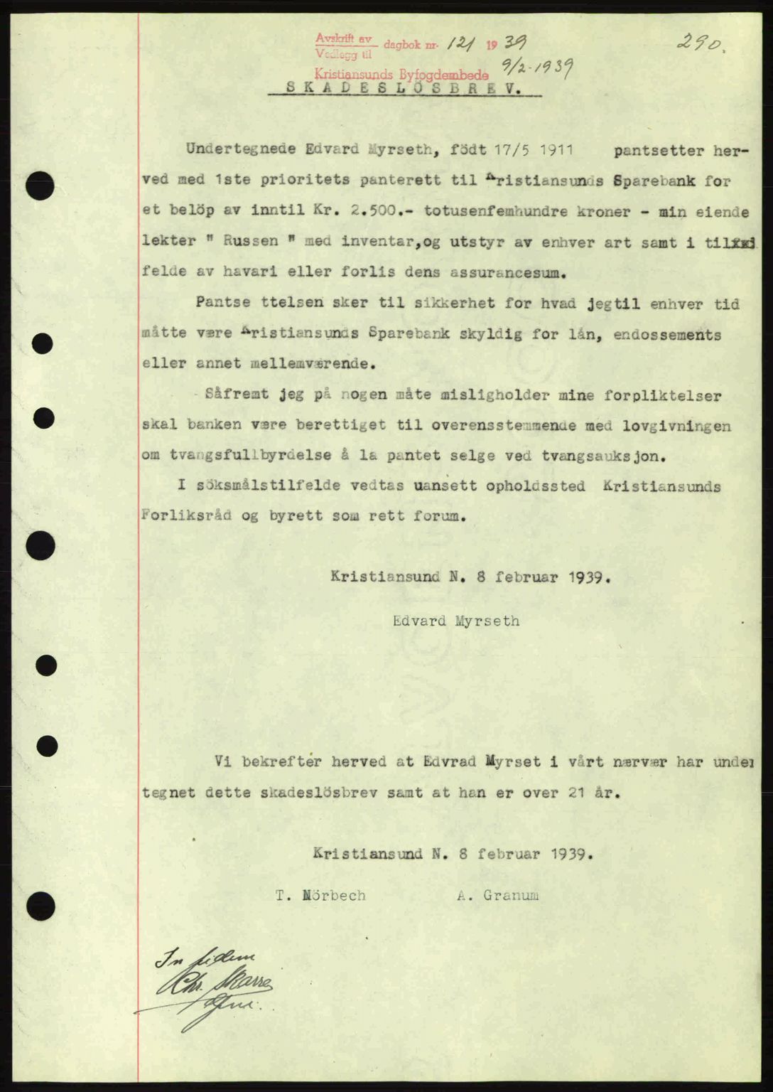 Kristiansund byfogd, SAT/A-4587/A/27: Mortgage book no. 31, 1938-1939, Diary no: : 121/1939