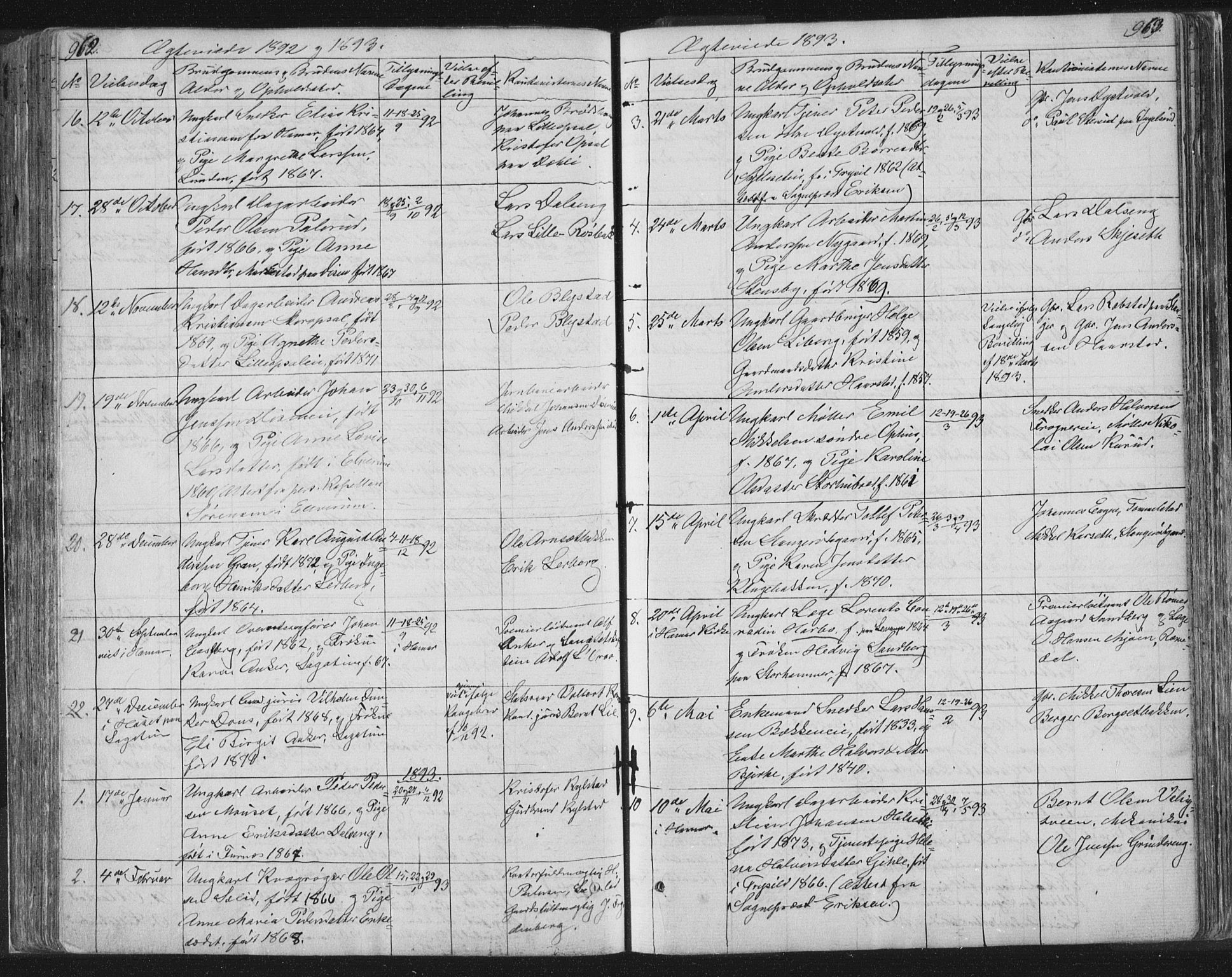 Vang prestekontor, Hedmark, SAH/PREST-008/H/Ha/Hab/L0010B: Parish register (copy) no. 10b, 1854-1896, p. 962-963