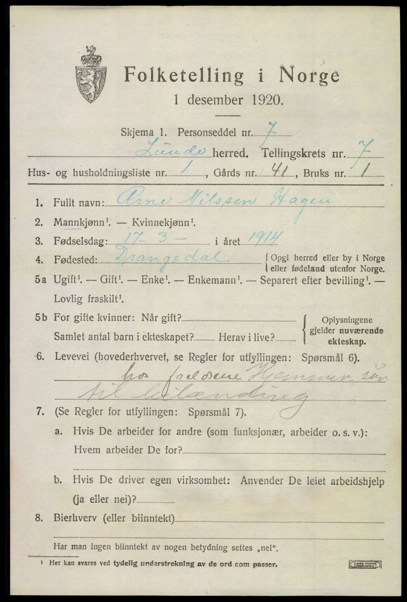 SAKO, 1920 census for Lunde, 1920, p. 4845