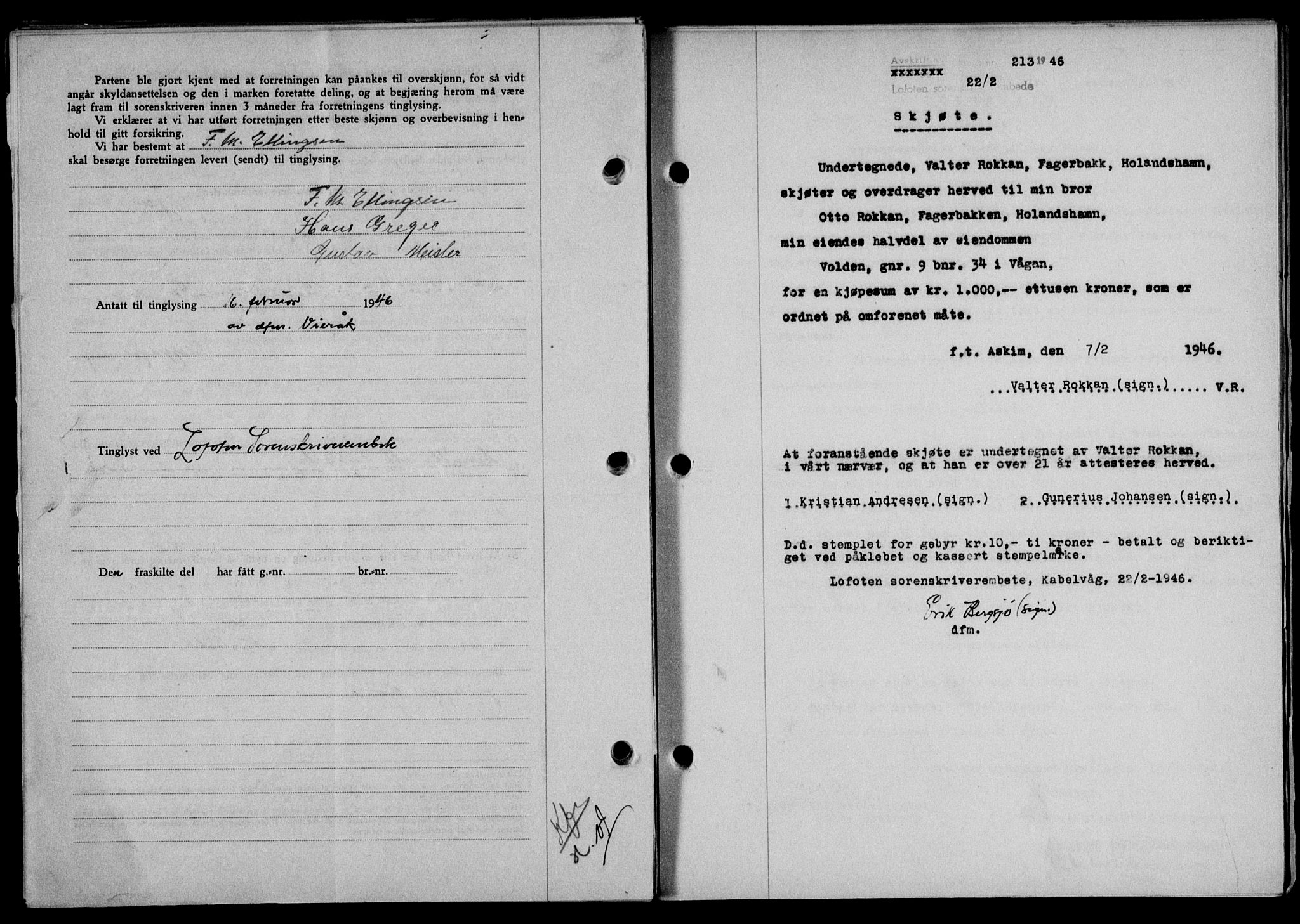Lofoten sorenskriveri, SAT/A-0017/1/2/2C/L0013a: Mortgage book no. 13a, 1944-1946, Diary no: : 213/1946