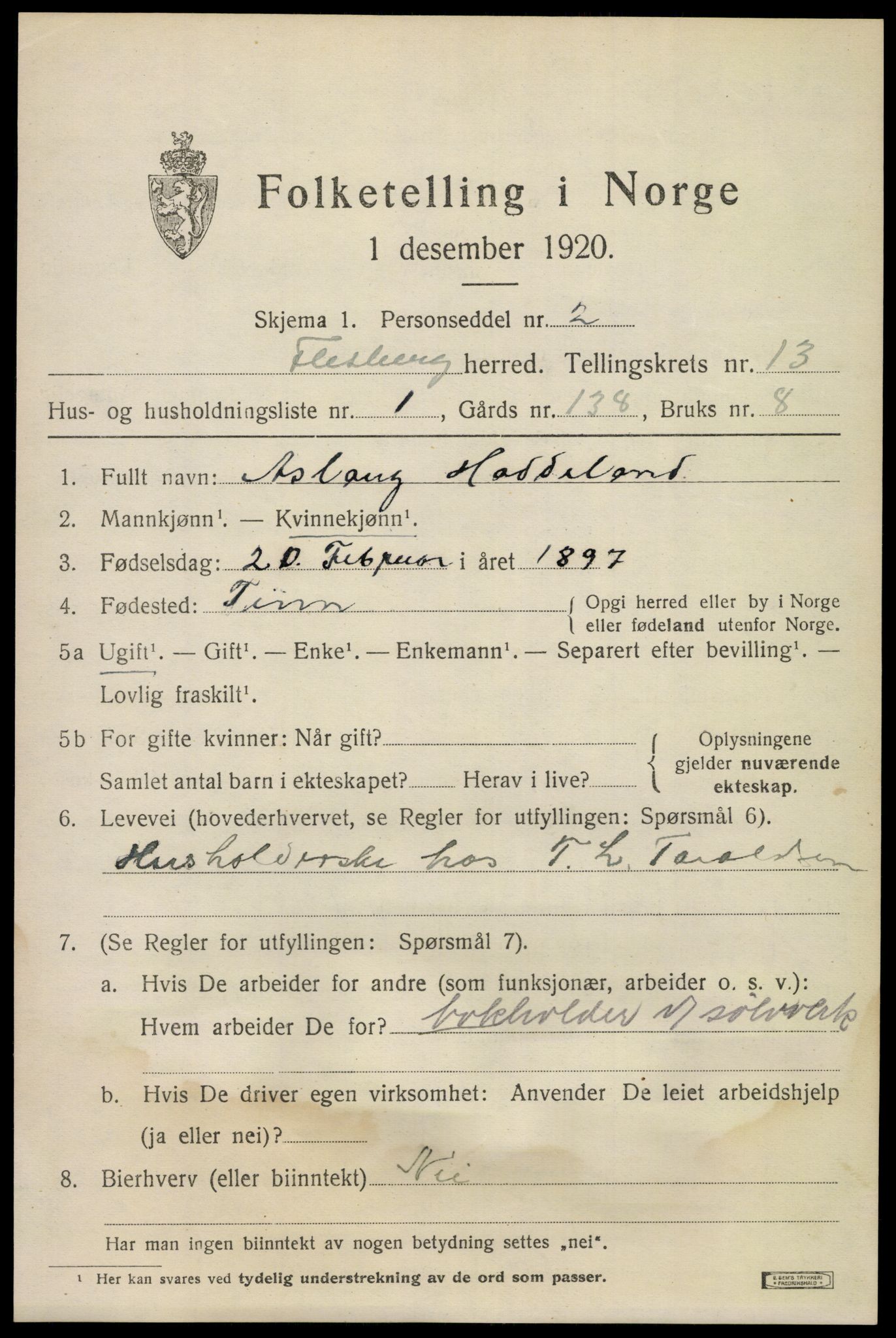 SAKO, 1920 census for Flesberg, 1920, p. 3983