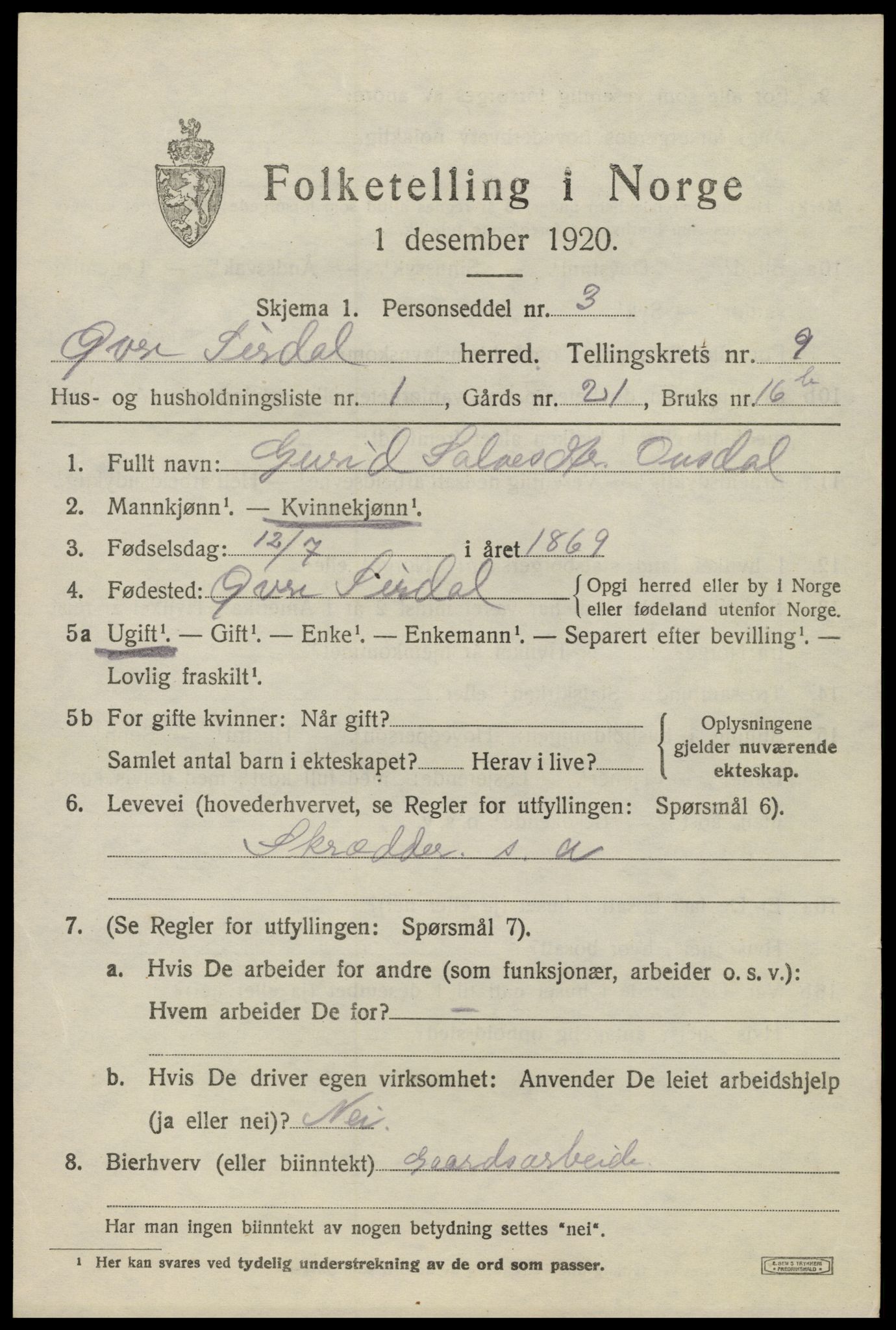 SAK, 1920 census for Øvre Sirdal, 1920, p. 1495