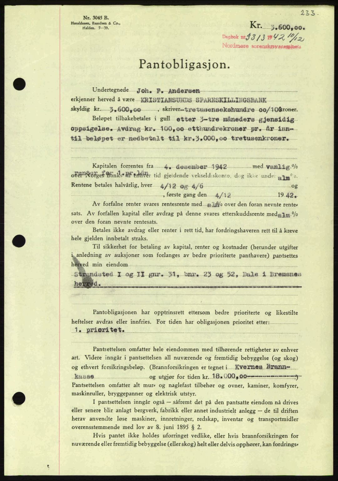 Nordmøre sorenskriveri, AV/SAT-A-4132/1/2/2Ca: Mortgage book no. B90, 1942-1943, Diary no: : 3313/1942