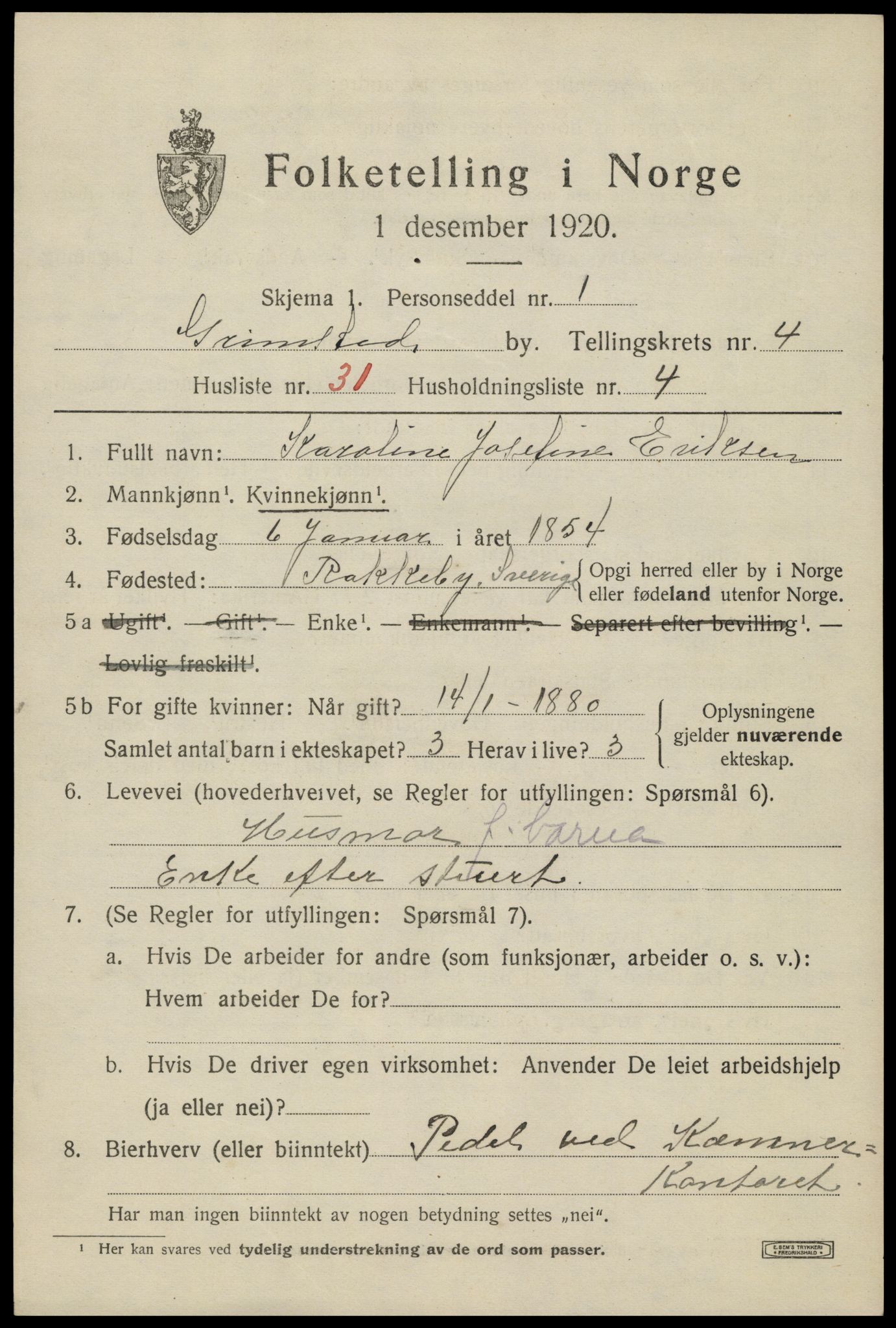 SAK, 1920 census for Grimstad, 1920, p. 5829