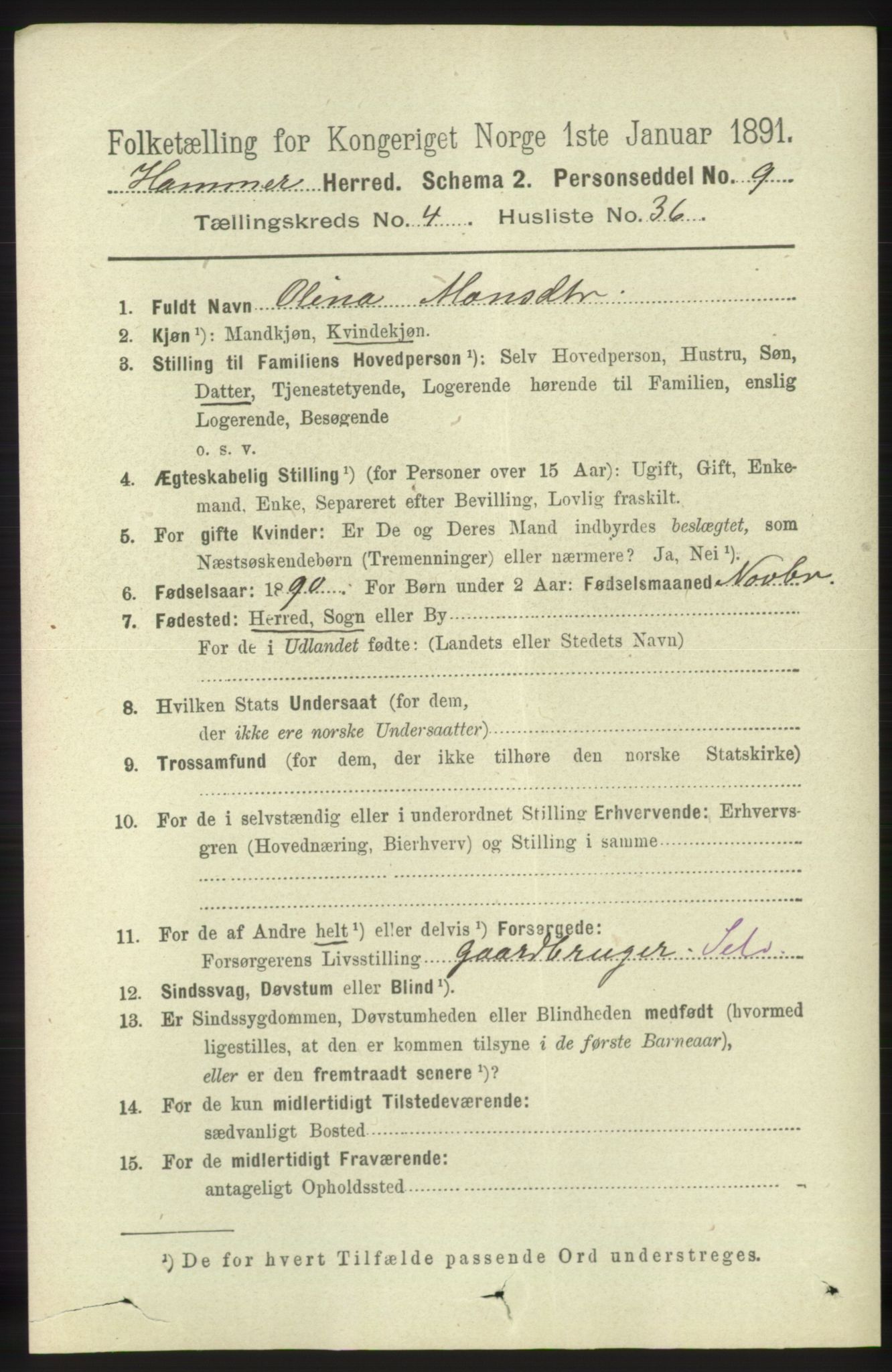 RA, 1891 census for 1254 Hamre, 1891, p. 1164