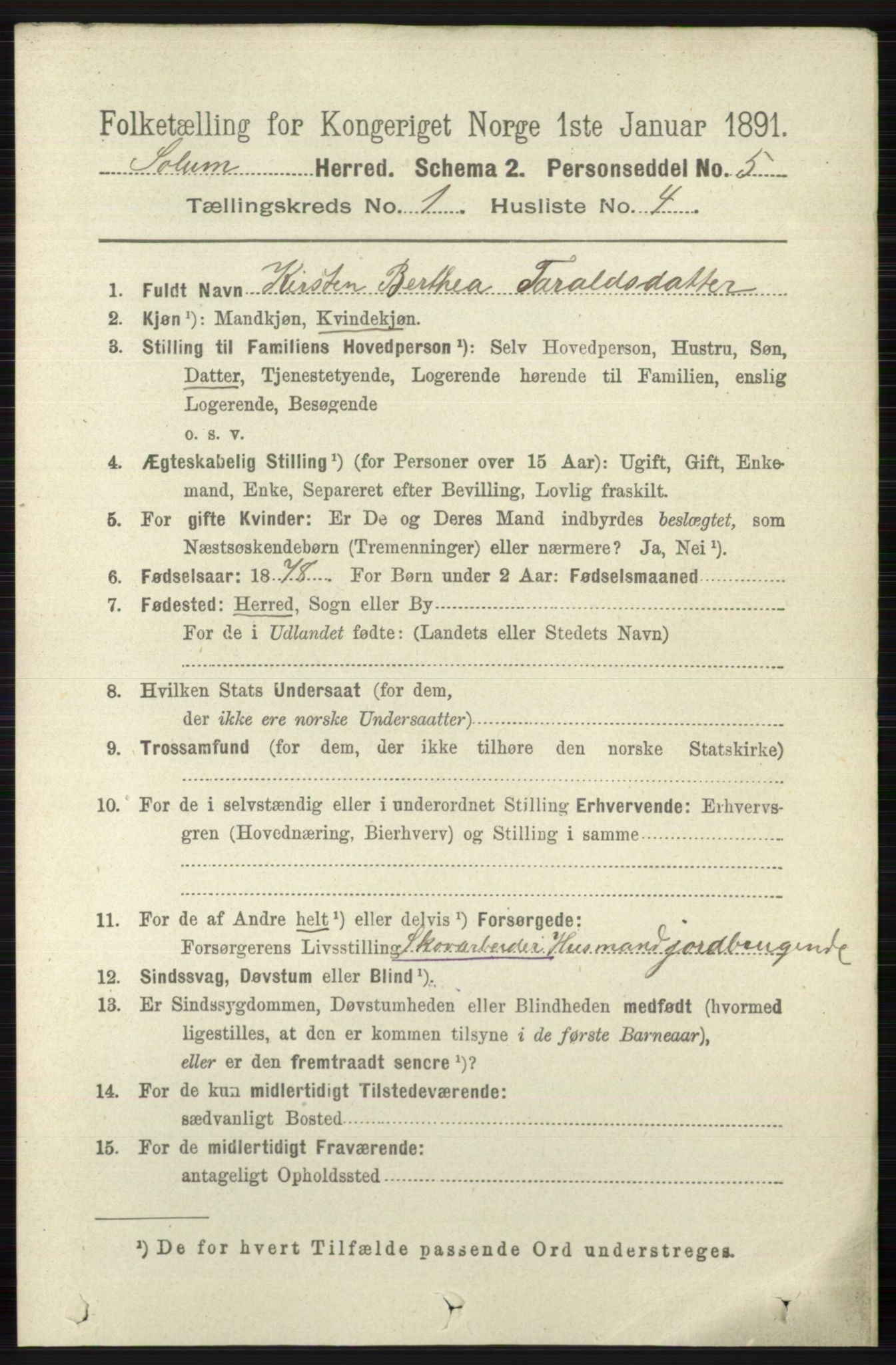 RA, 1891 census for 0818 Solum, 1891, p. 69