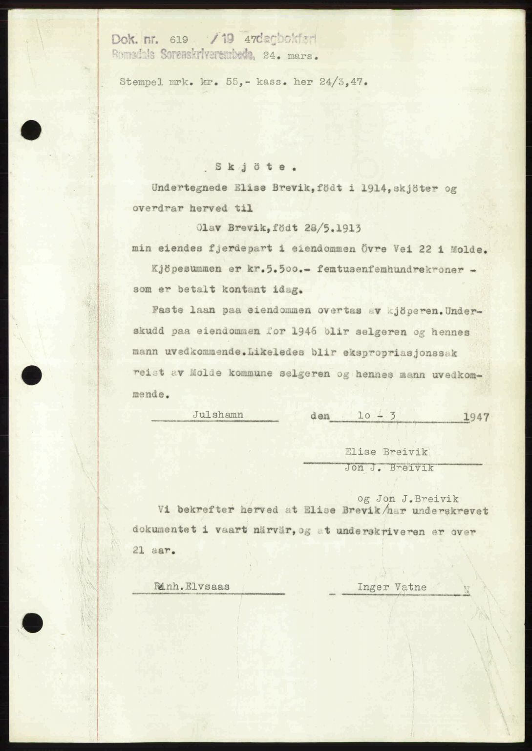 Romsdal sorenskriveri, AV/SAT-A-4149/1/2/2C: Mortgage book no. A22, 1947-1947, Diary no: : 619/1947