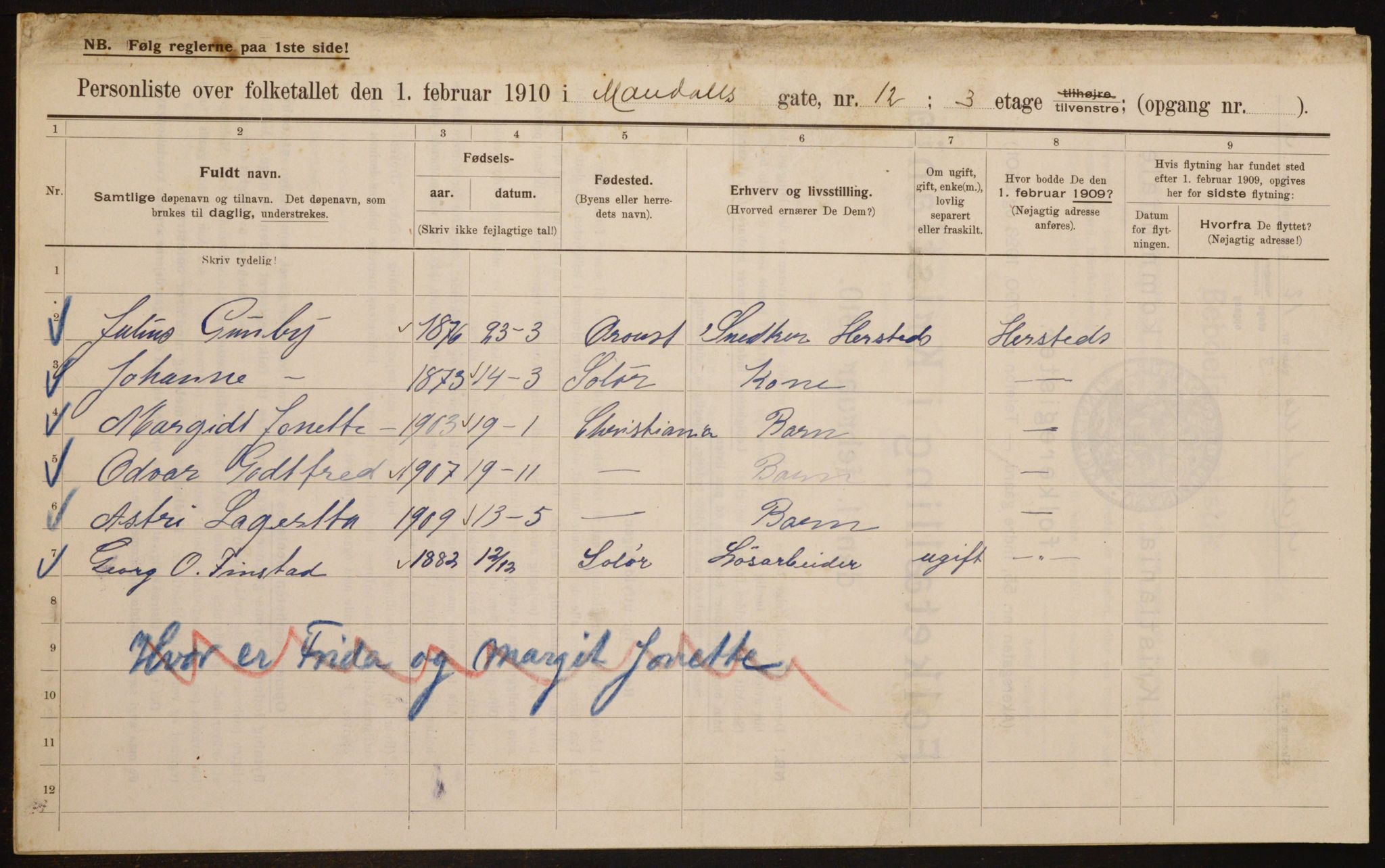 OBA, Municipal Census 1910 for Kristiania, 1910, p. 58366