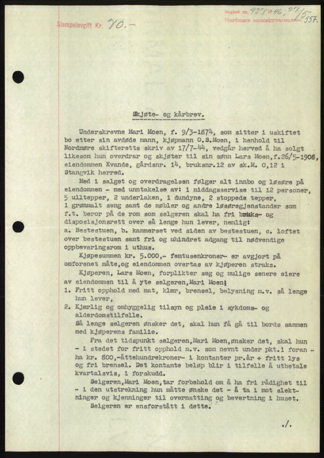 Nordmøre sorenskriveri, AV/SAT-A-4132/1/2/2Ca: Mortgage book no. A101, 1946-1946, Diary no: : 937/1946