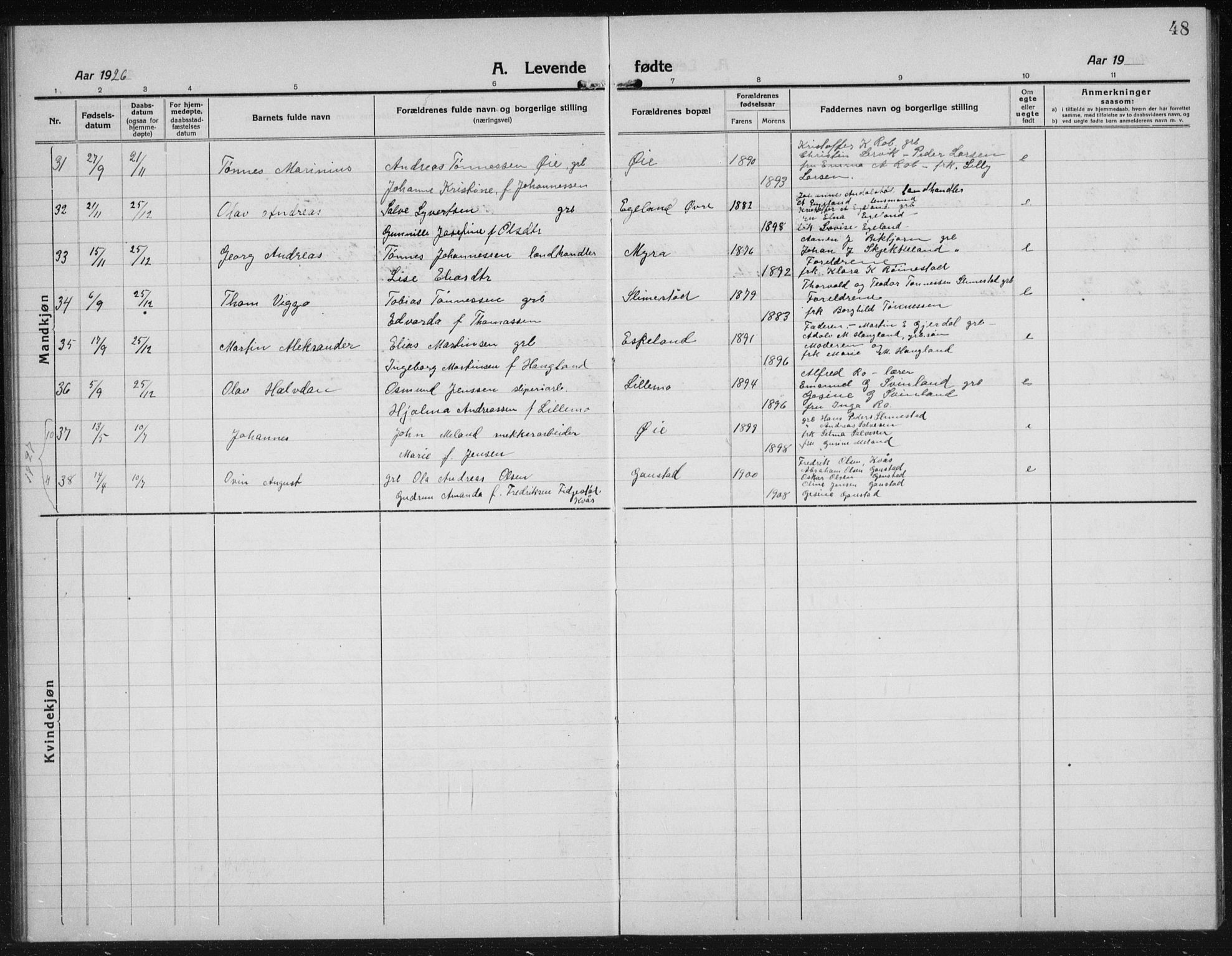 Kvinesdal sokneprestkontor, SAK/1111-0026/F/Fb/Fbb/L0004: Parish register (copy) no. B 4, 1917-1938, p. 48