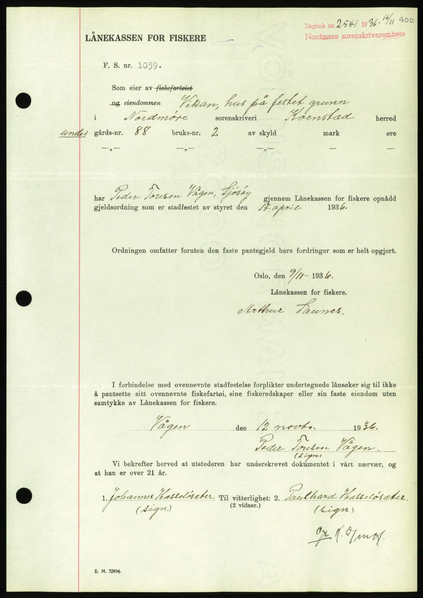 Nordmøre sorenskriveri, AV/SAT-A-4132/1/2/2Ca/L0090: Mortgage book no. B80, 1936-1937, Diary no: : 2541/1936