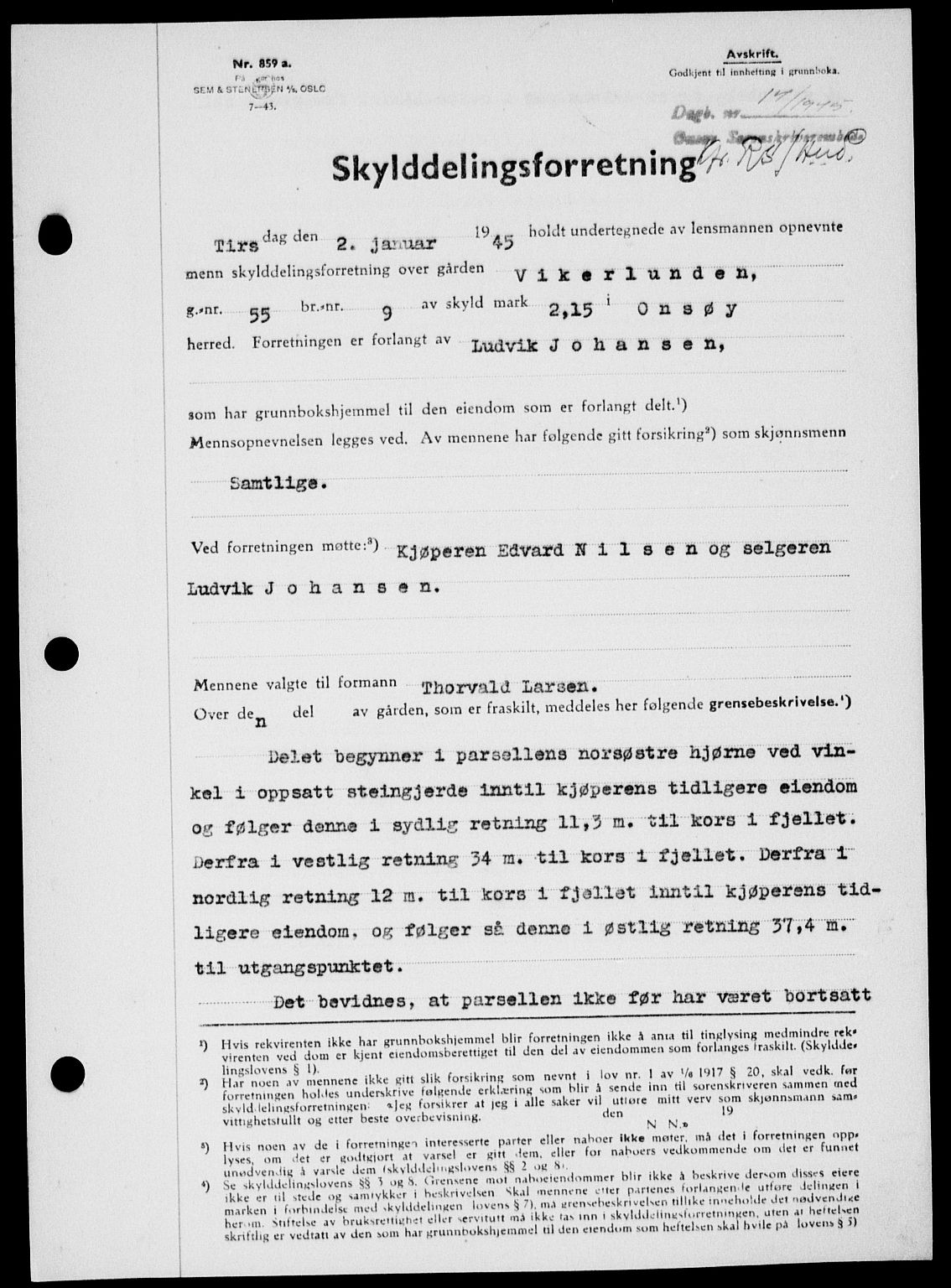 Onsøy sorenskriveri, SAO/A-10474/G/Ga/Gab/L0014: Mortgage book no. II A-14, 1944-1945, Diary no: : 14/1945