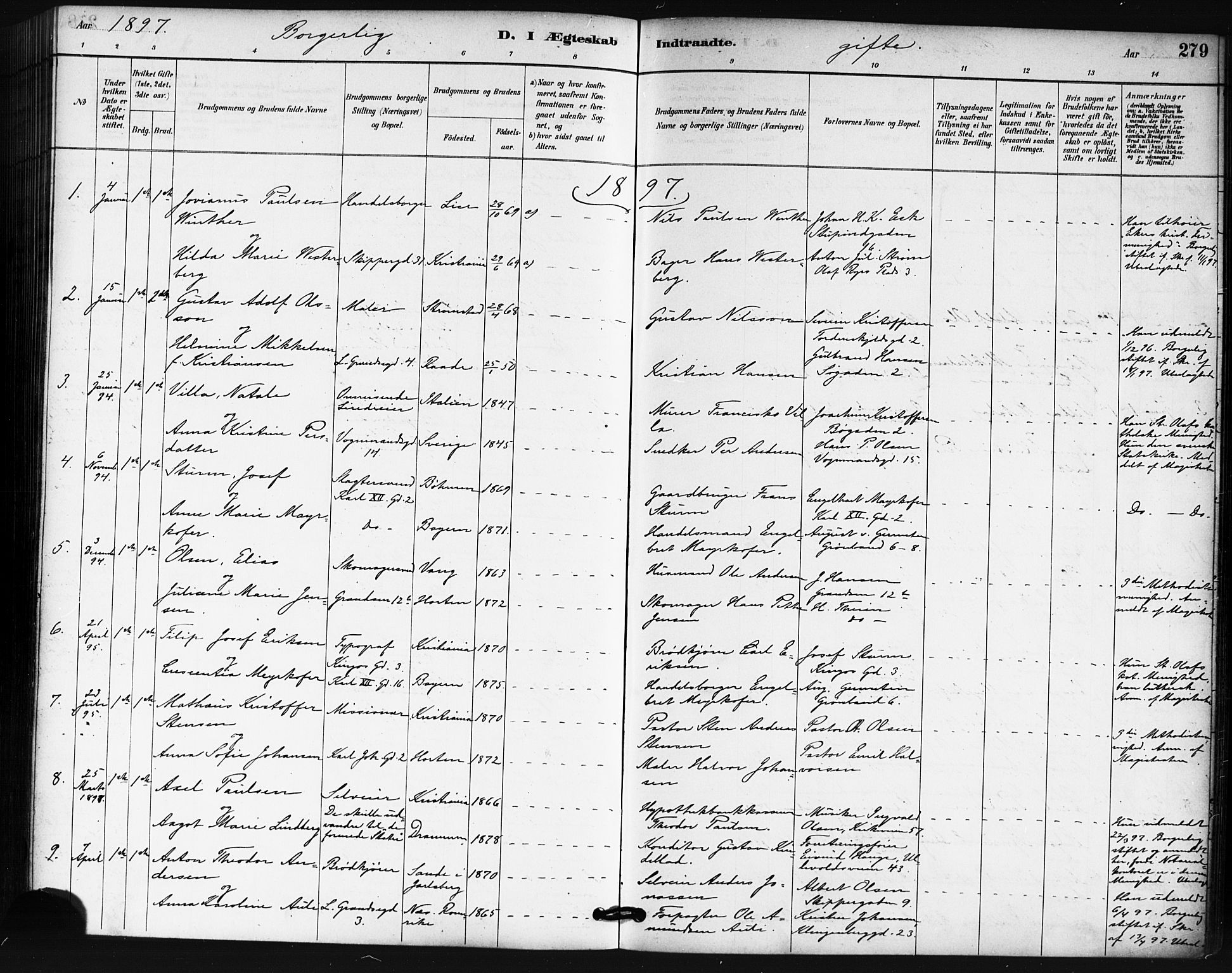 Oslo domkirke Kirkebøker, SAO/A-10752/F/Fa/L0032: Parish register (official) no. 32, 1885-1902, p. 279