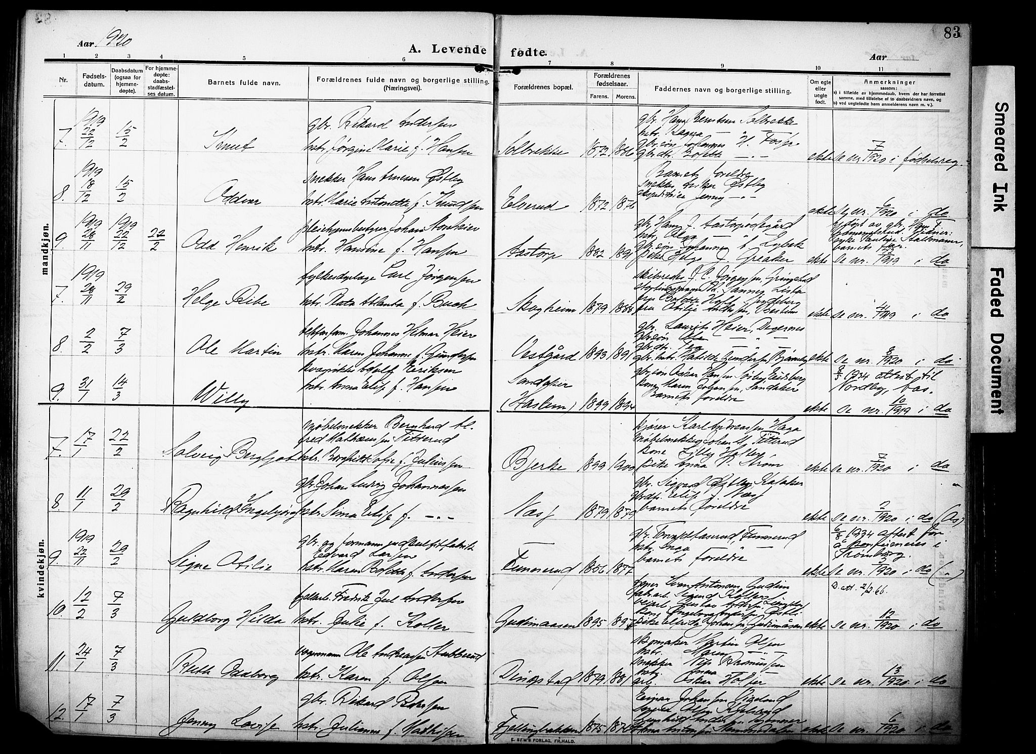 Rakkestad prestekontor Kirkebøker, AV/SAO-A-2008/F/Fa/L0015: Parish register (official) no. I 15, 1909-1922, p. 83