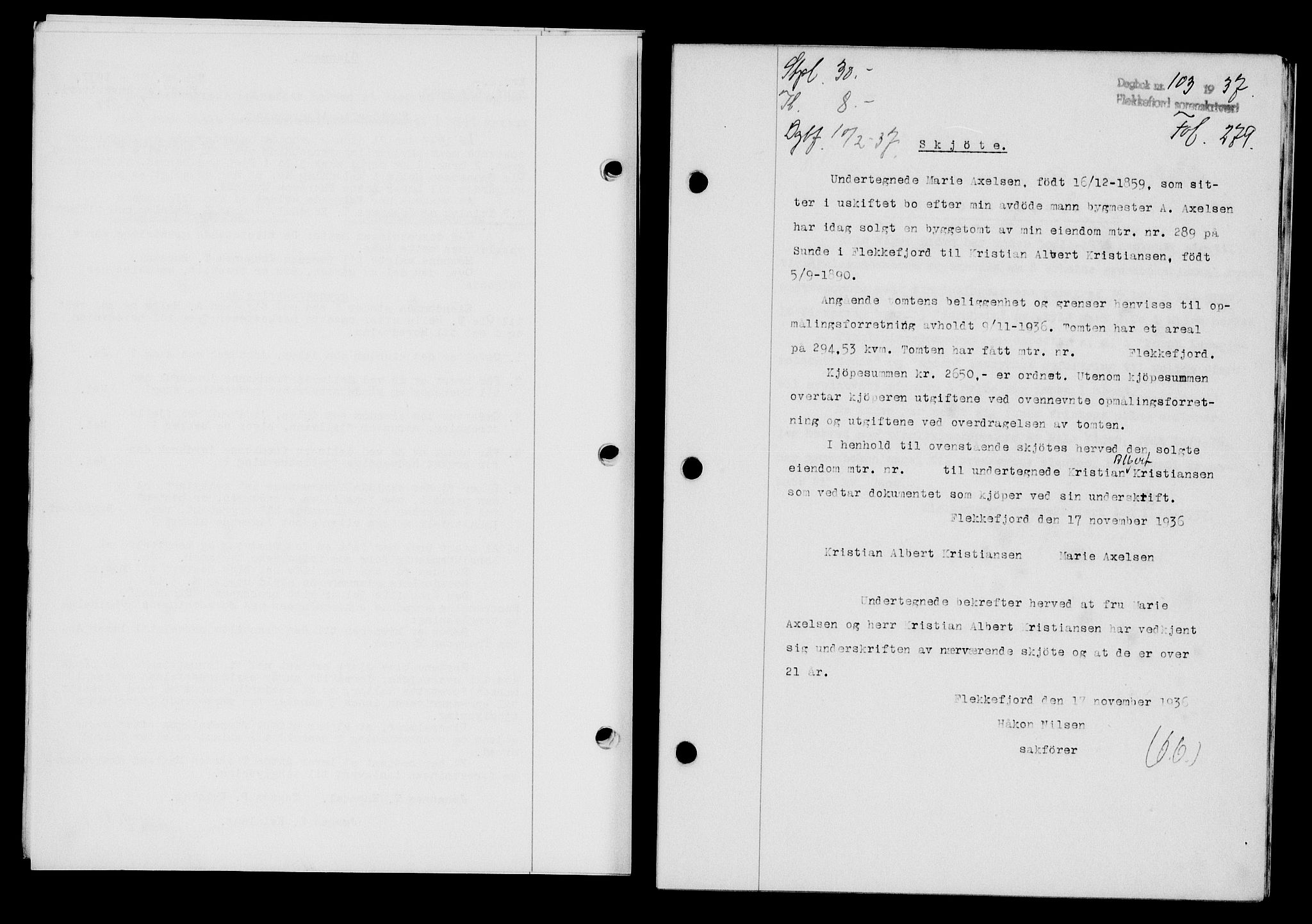 Flekkefjord sorenskriveri, SAK/1221-0001/G/Gb/Gba/L0053: Mortgage book no. A-1, 1936-1937, Diary no: : 103/1937