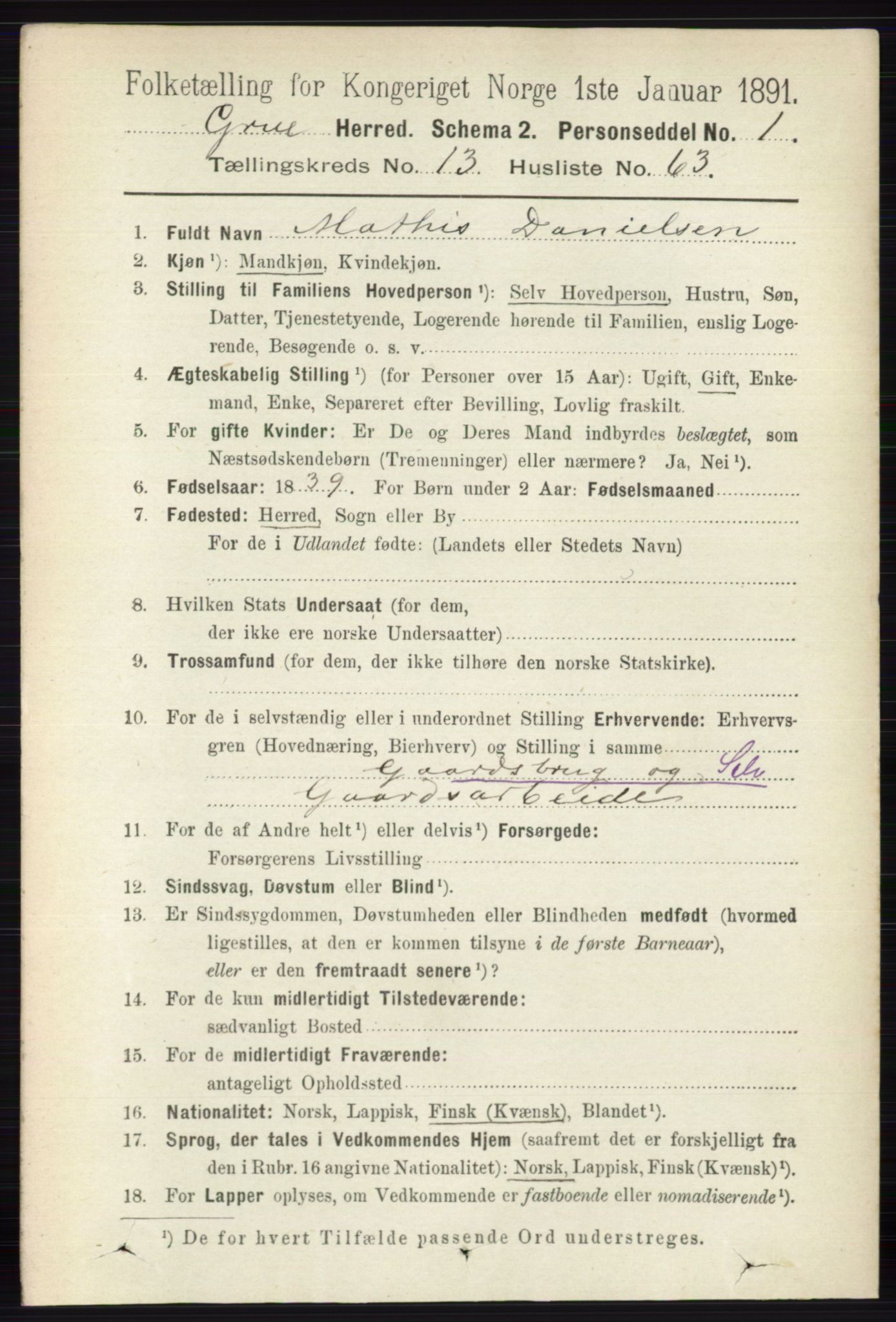 RA, 1891 census for 0423 Grue, 1891, p. 6976