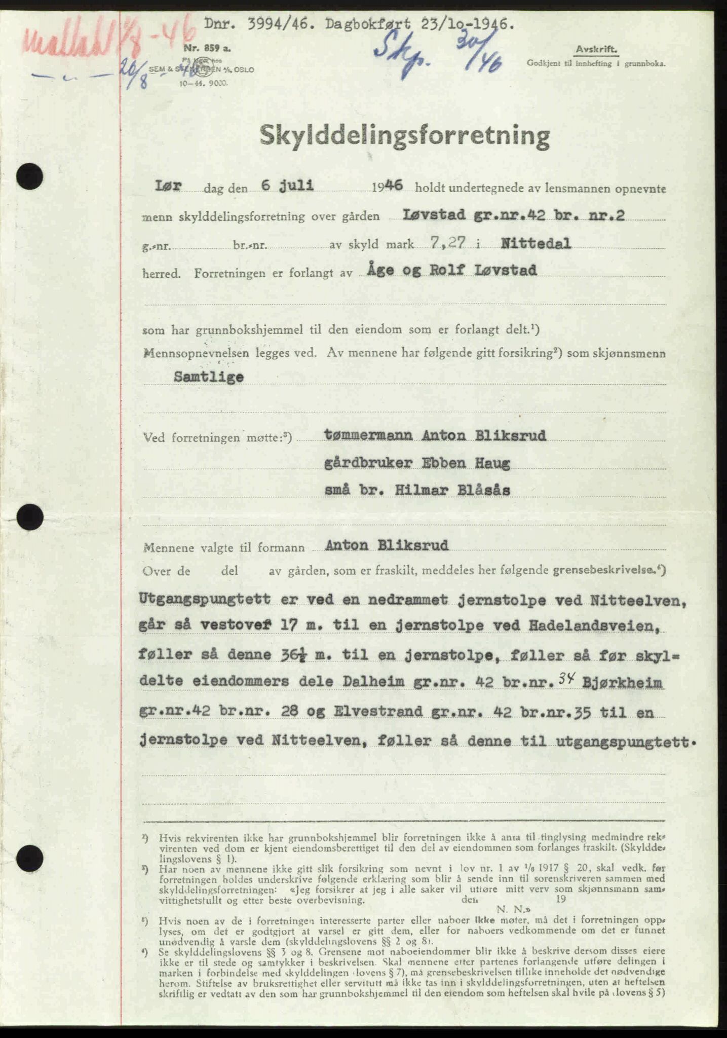 Nedre Romerike sorenskriveri, AV/SAO-A-10469/G/Gb/Gbd/L0017: Mortgage book no. 17, 1946-1946, Diary no: : 3994/1946